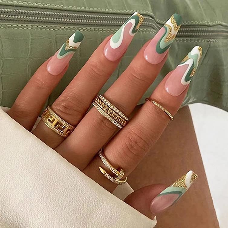 Luxury Green French Tip Acrylic Fake Nails with Gold Glitter Swirls - 24pcs Ballerina Glue on Artificial Nails for Christmas Party, Wedding, Prom & Special Occasions