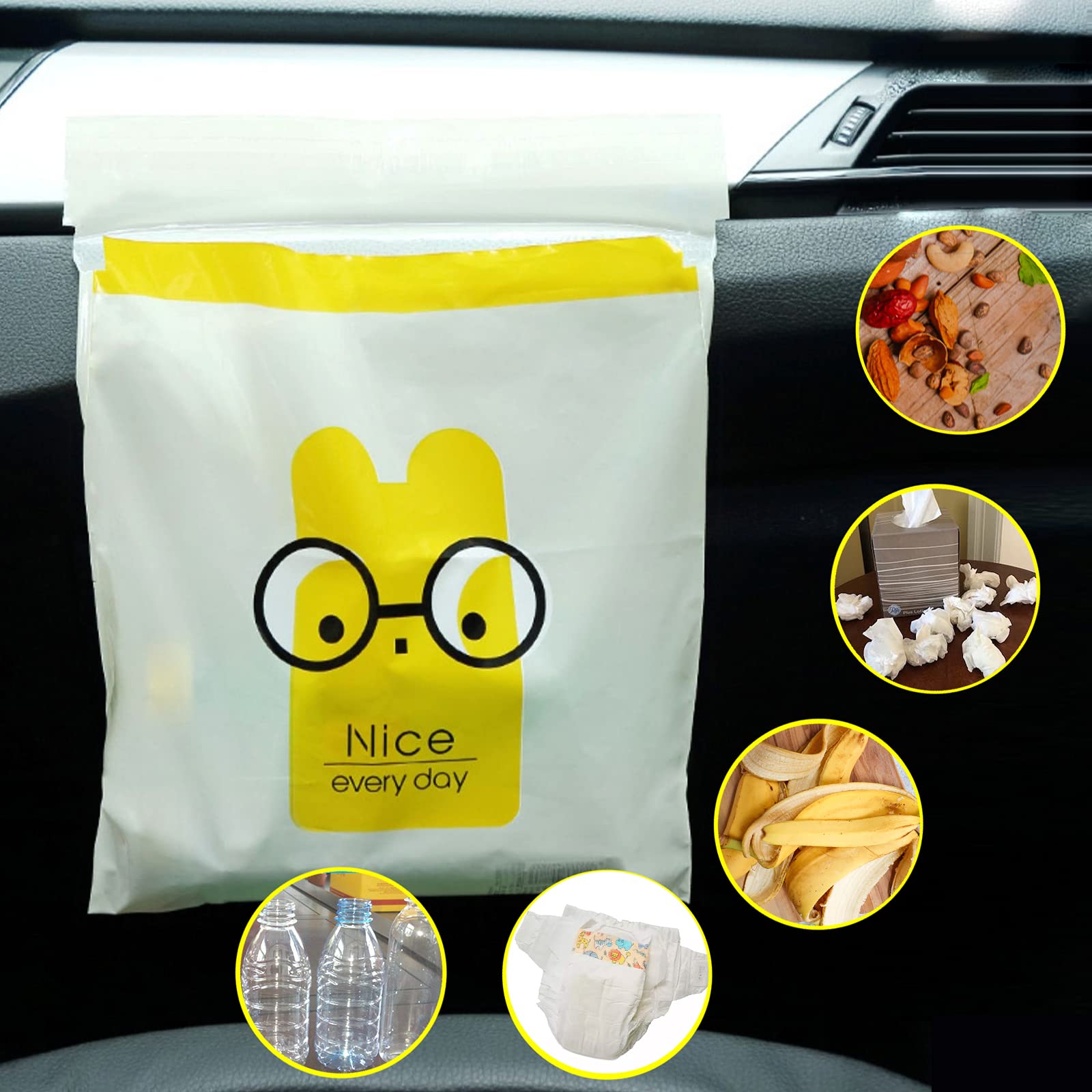 52pcs Disposable Car Trash Bags - Waterproof Leak Proof Self-Adhesive Garbage Bags for Cars, Travel, Office, Home | Portable Vomit Barf Bags for Road Trips, Bedroom, Bathroom & Kitchen Cleaning | Pattern A