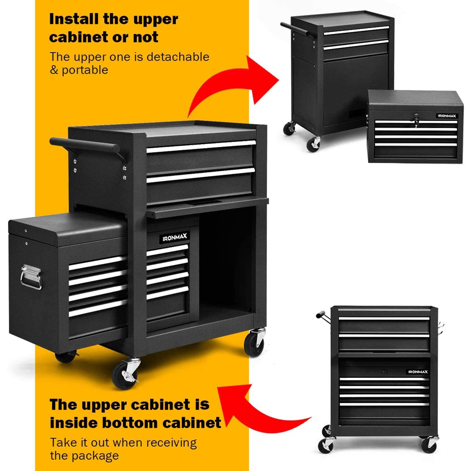 Goplus 6-Drawer Rolling Tool Chest with Auto Locking System - 3-in-1 Tool Box Organizer with Lockable Wheels, Sliding Drawers & Detachable Top - Heavy Duty Tool Storage Cabinet for Garage, Workshop, Home DIY & Professional Use (Black)
