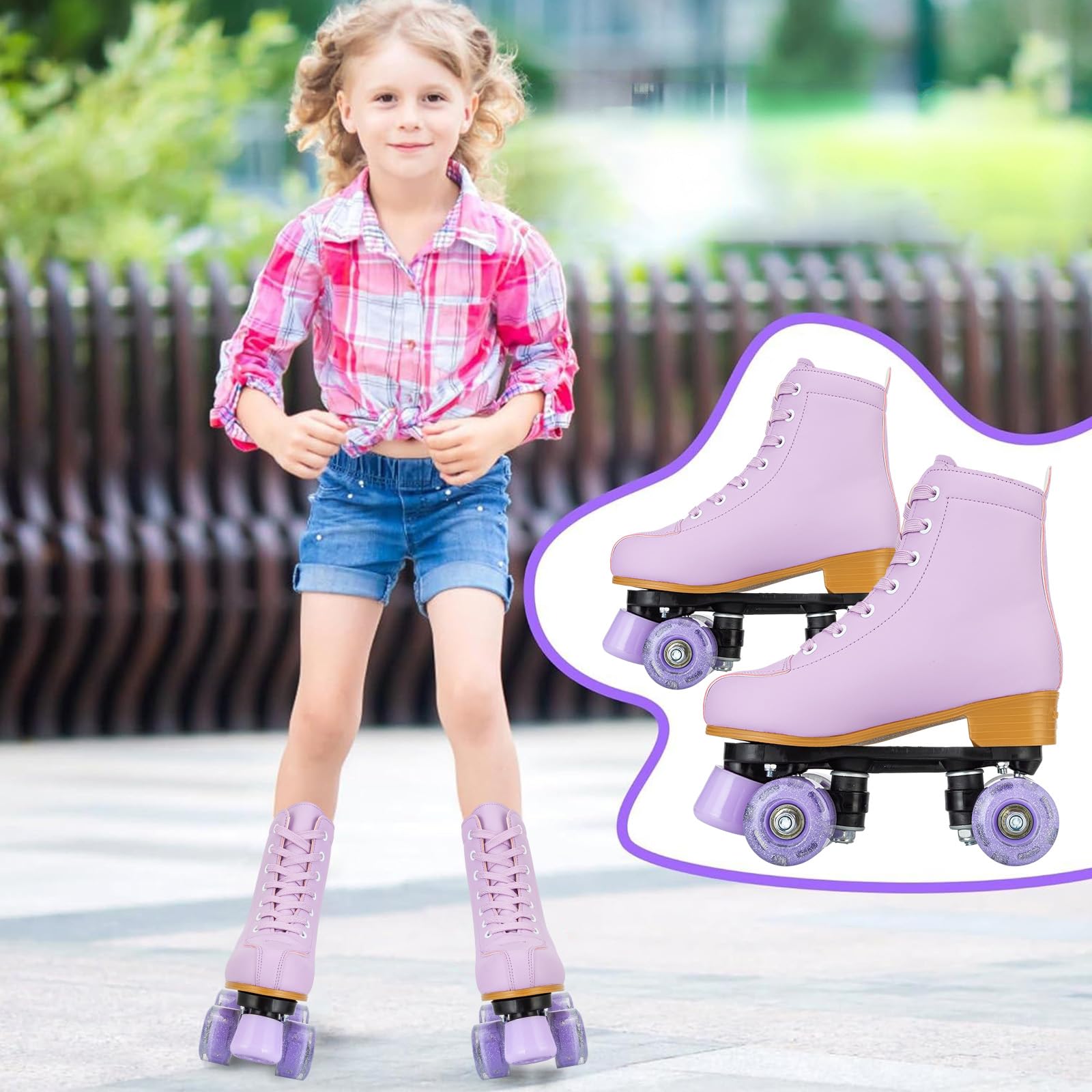 Light Up Roller Skates for Girls & Women - Pink & Purple PU Leather Skates for Beginners Ages 8-12 | Indoor & Outdoor Use for School, Park & Rink
