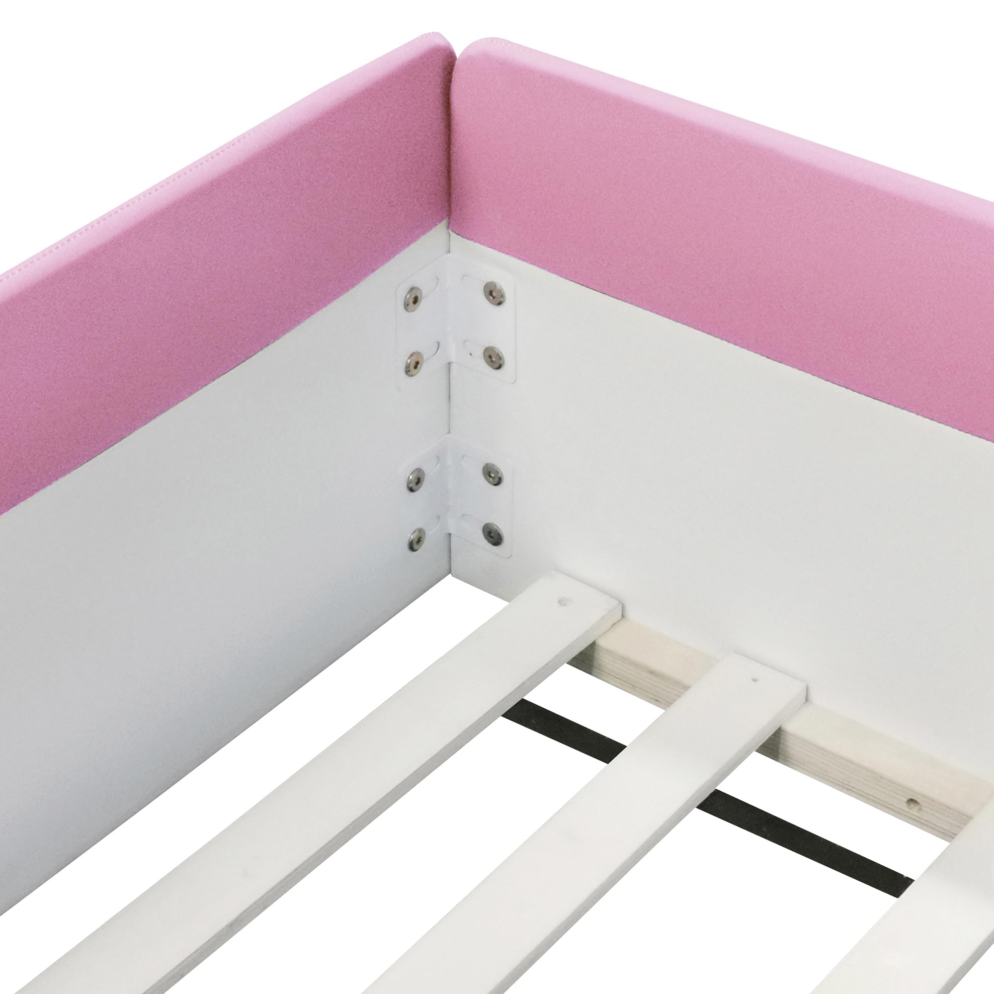 Montessori Full Size Floor Bed with Safety Fence & Stairs - PU Upholstered Kids Bed with Wooden Slats - Toddler Bed for Boys & Girls (Pink & White) - Perfect for Montessori Rooms, Daycare Centers & Safe Toddler Sleeping Spaces
