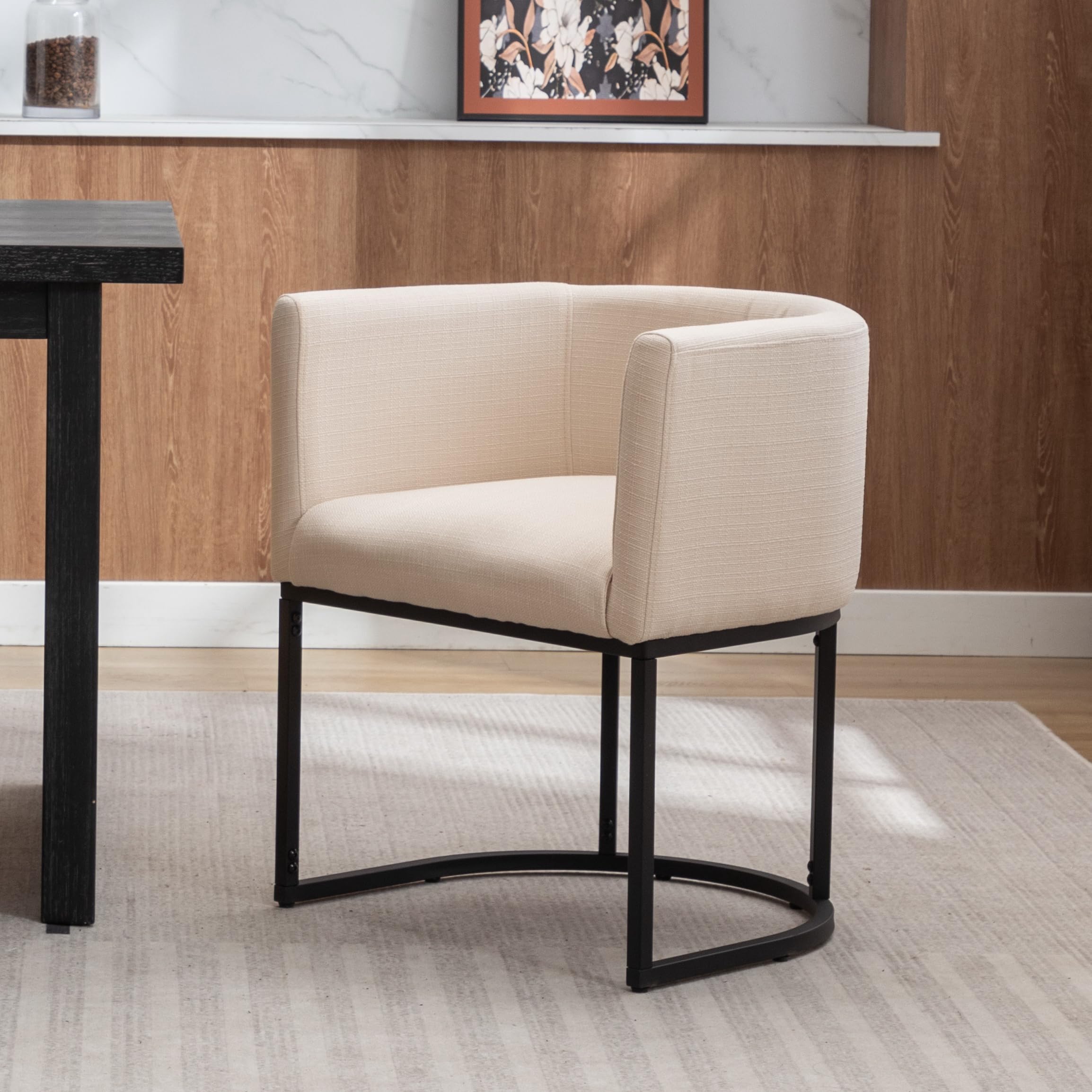 Mid Century Modern Dining Chairs - Linen Upholstered Armchairs with Wooden Back & Black Legs - Accent Side Chairs for Kitchen, Living Room & Dining Room - Cream Fabric - Perfect for Entertaining & Home Decor