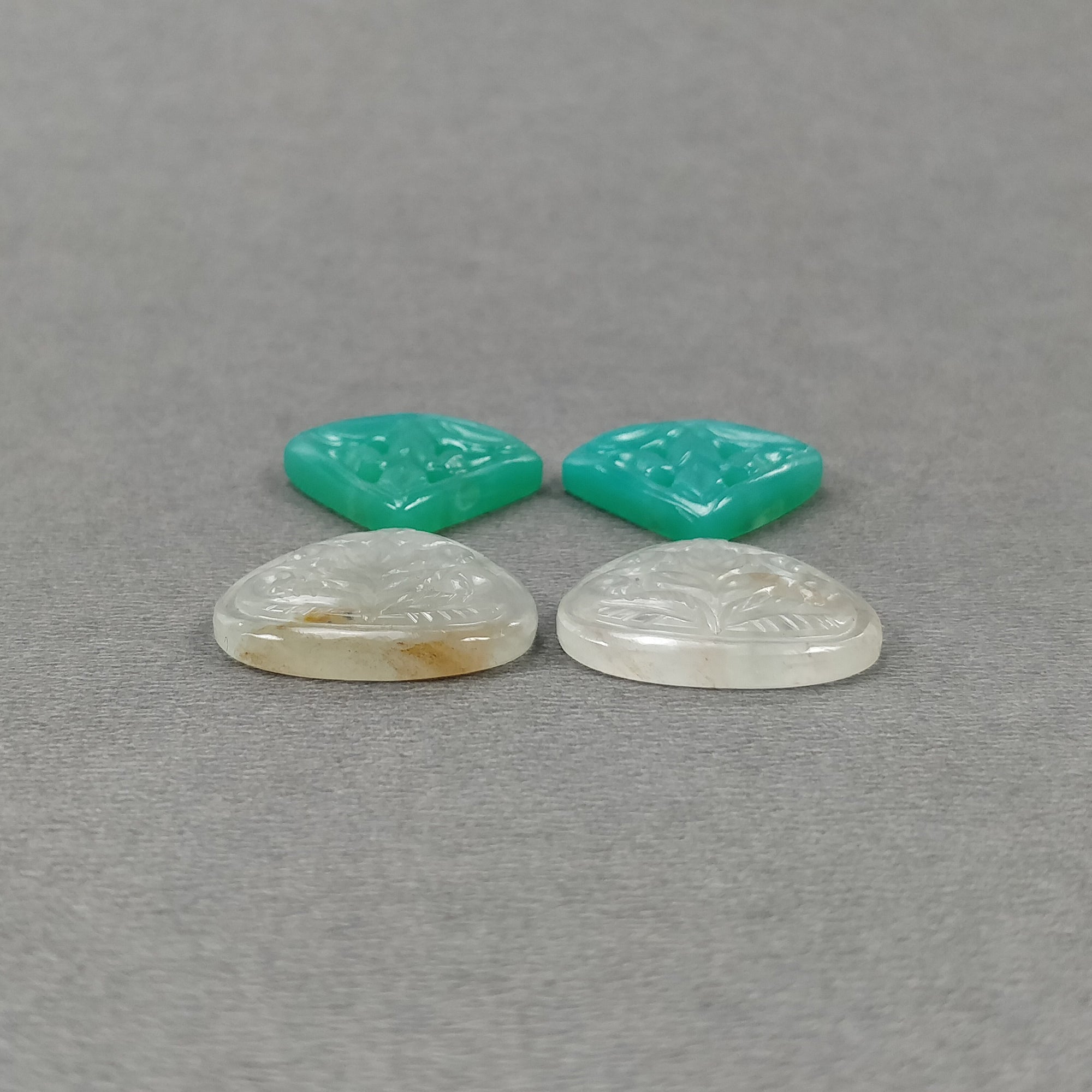 Natural Untreated Green White Chrysoprase & Jade Gemstone Carving - 47.65cts Hand Carved Triangle Heart Shape (18*20.5mm & 19*21mm, 4pcs Set) - Perfect for Jewelry Making, Crystal Healing & Spiritual Gifts