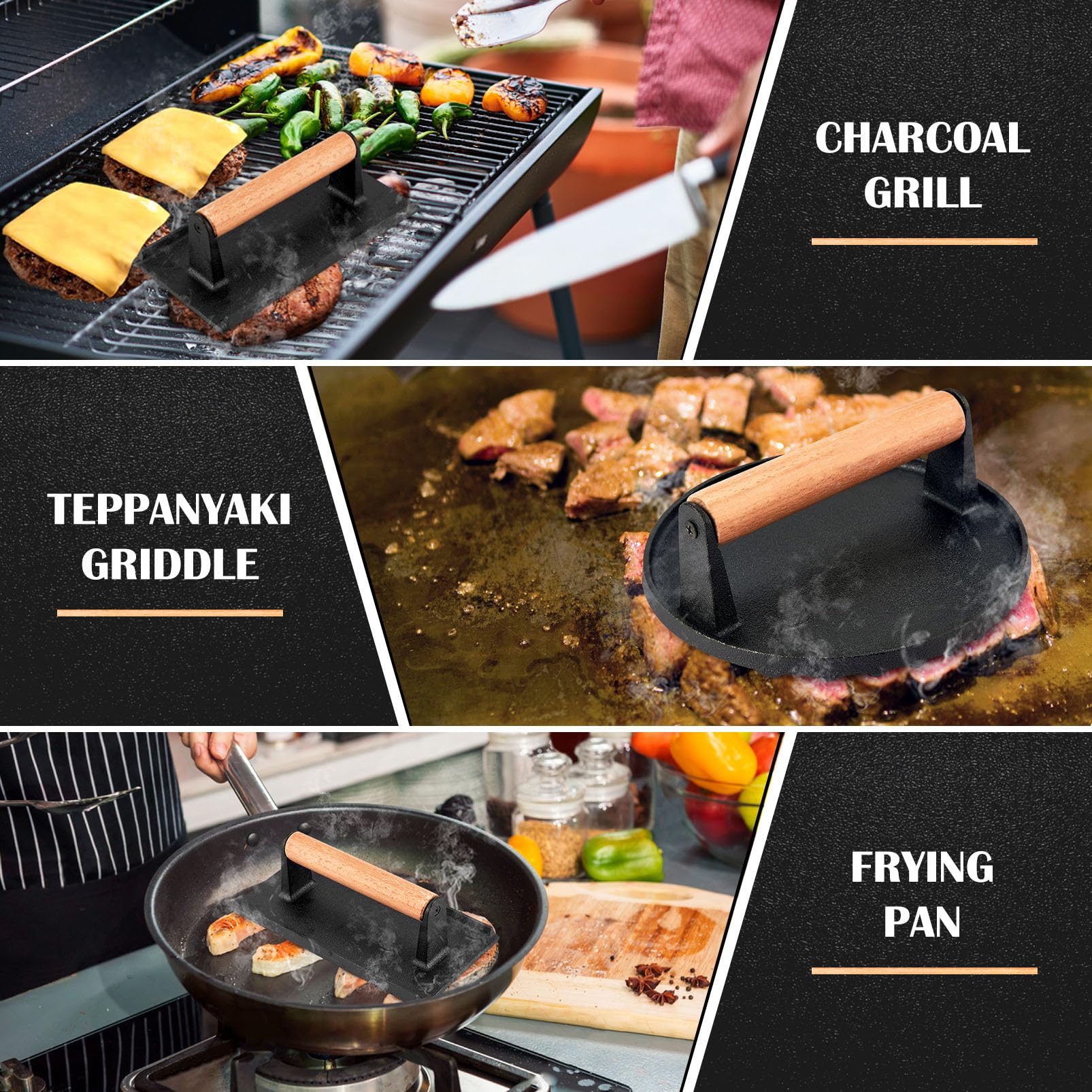2Pcs Cast Iron Burger Press Set (Rectangular & Round) - Heavy Duty Smash Grill Press for Hamburgers, Steak & Bacon - Professional BBQ & Teppanyaki Cooking Accessories - Perfect for Grilling, Panini Press & Outdoor Cooking