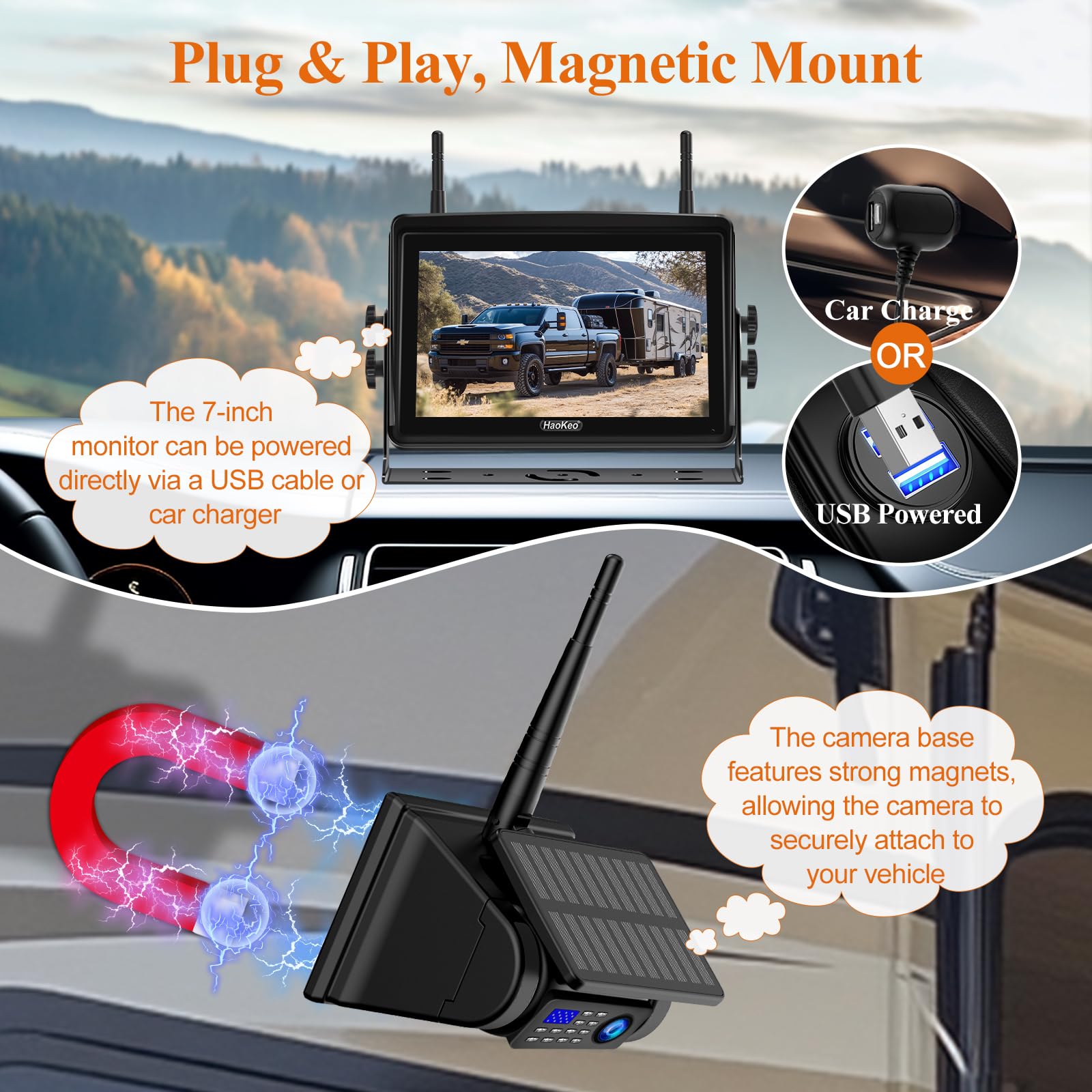 7'' Magnetic Solar Wireless Backup Camera - HD 1080P IPS Touchscreen Monitor, No-Drilling Installation, Long Battery Life, Strong Magnetic Mount for RV, Trailer, Camper, Hitching, Gooseneck & Horse Trailers - Perfect for Safe Parking & Reversing in Tight Spaces