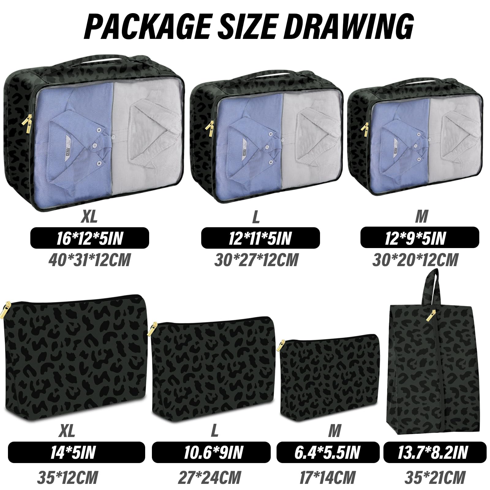 7-Piece Travel Packing Cubes Set - Luggage Organizers with Shoe Bag for Women & Girls | Black Leopard Cheetah Print | Perfect for Weekend Trips, Business Travel & Vacation Packing
