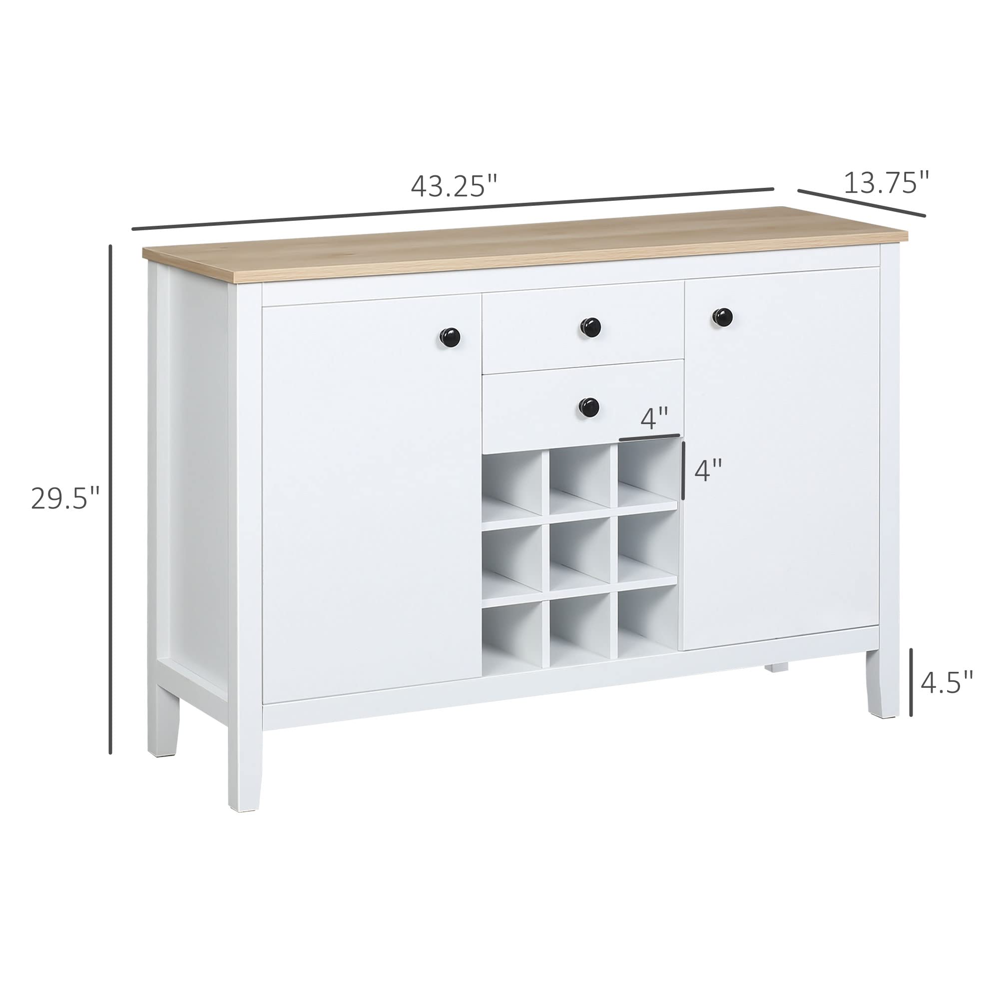 HOMCOM Coffee Bar Cabinet with 9-Bottle Wine Rack - Sideboard Buffet Cabinet with Drawers & Adjustable Shelves in Natural & White - Perfect for Kitchen, Dining Room & Home Bar Organization