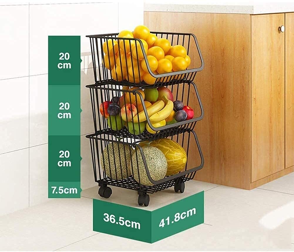 3-Tier Kitchen Storage Cart - Rolling Utility Trolley with Wheels for Organizing Fruits, Vegetables, Snacks & Household Items | Perfect for Small Spaces, Apartments & Dorm Rooms