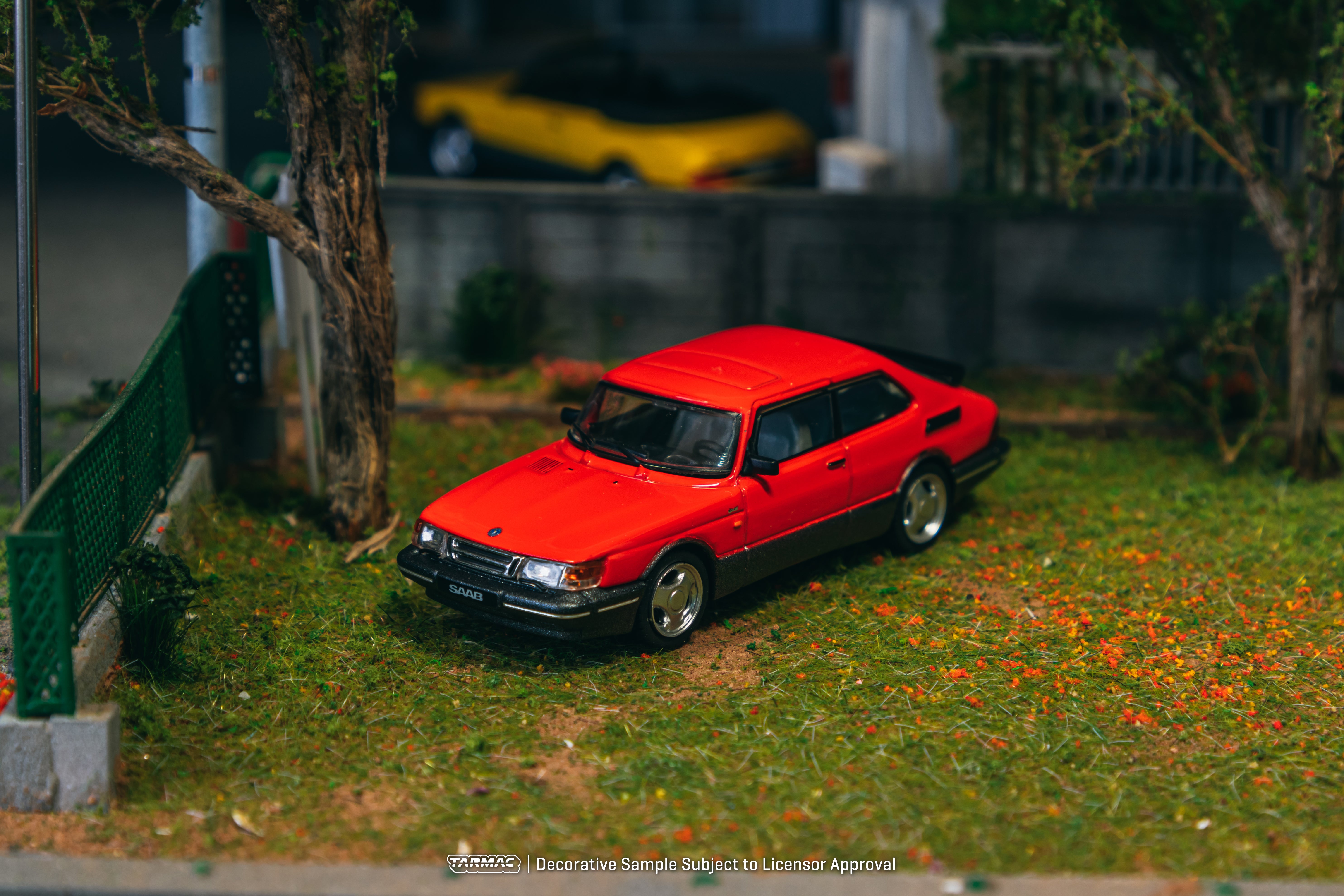 Tarmac Works 1/64 Scale Saab 900 Turbo Red Diecast Model Car with Collectible Tarmac Cards - Perfect for Diecast Collectors, Display, and Gifts