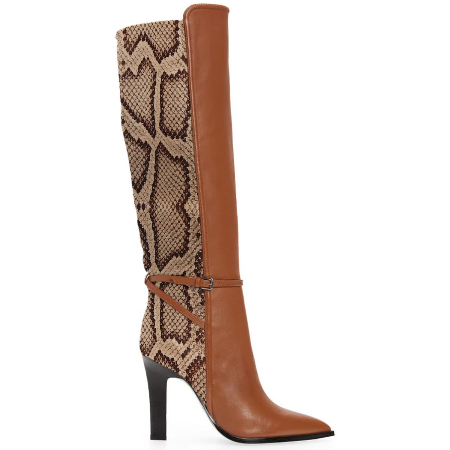 Stylish Women's Brown Two-Tone Snakeskin Over-The-Knee Boots with Ankle Strap - Pointed Toe High Heel Dress Boots for Office, Party & Night Out (US Size 4-16, Medium Width) - Perfect for Fall Fashion, Date Nights & Professional Workwear