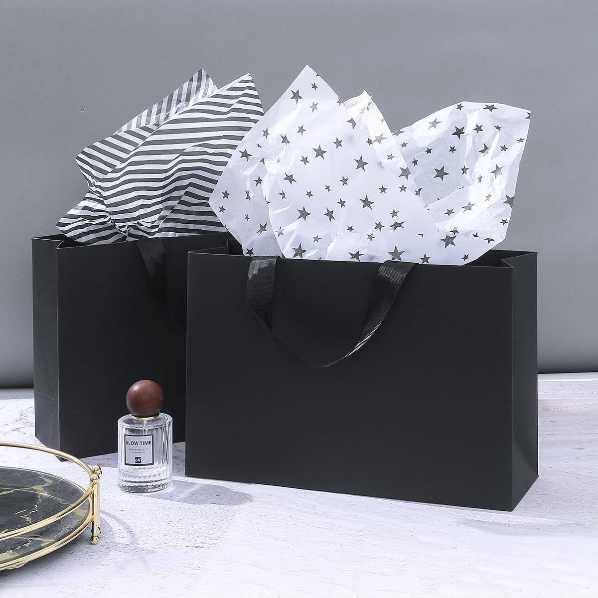 10 Large Black Gift Bags with Handles & Tissue Paper - 12.6