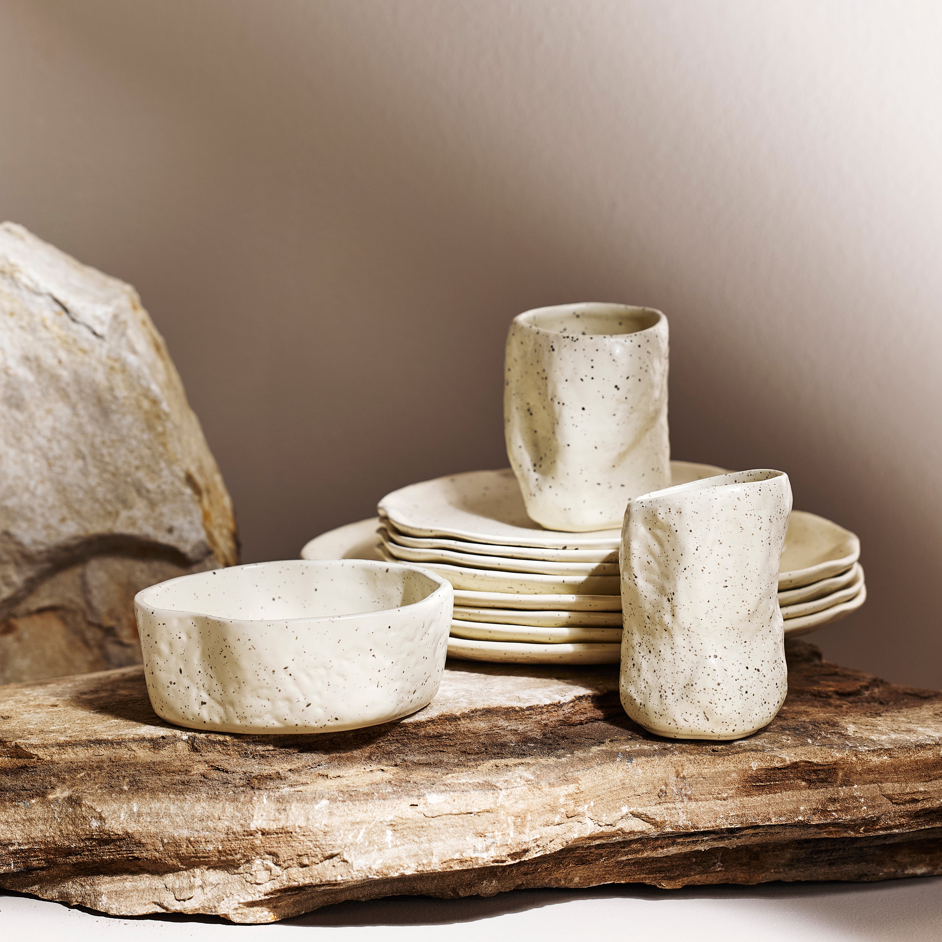 Atik Stoneware Dinnerware Set - Cream Speckled Ceramic Plates & Bowls for Everyday Dining, Dinner Parties & Home Decor