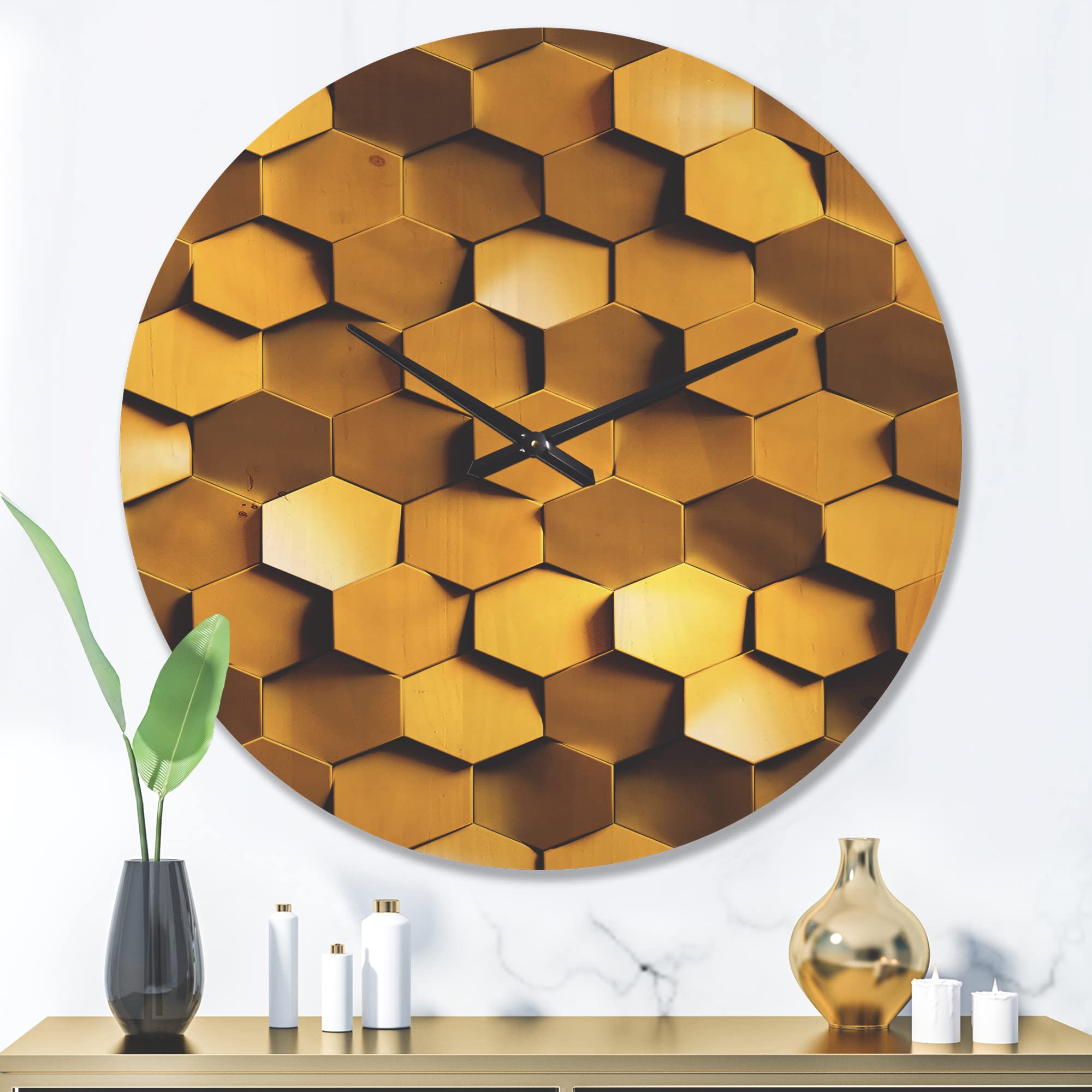 DesignQ Golden Honeycomb Texture Wall Clock - Large Modern Wooden Wall Clock with Unique Honeycomb Pattern, Oversized Decorative Clock for Living Room, Bedroom & Office Décor | Perfect for Home, Office & Gift Giving