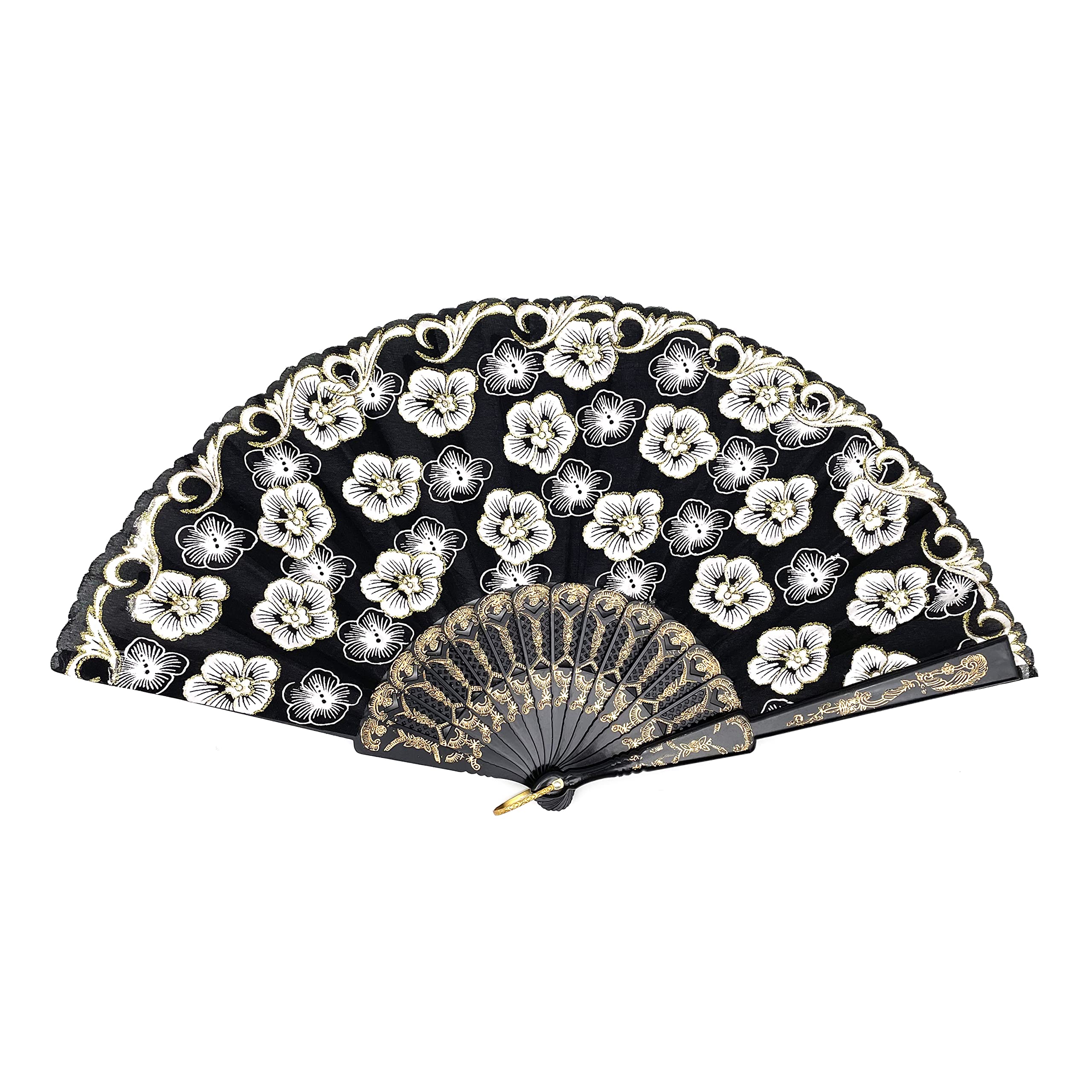 12 Pcs Glitter Floral Pattern Folding Fans - Elegant Black Gold Hand Fans for Wedding Decor, Party Supplies, Dance Performances & Home Wall Decoration - Perfect for Summer Events, Bridal Showers & Table Settings