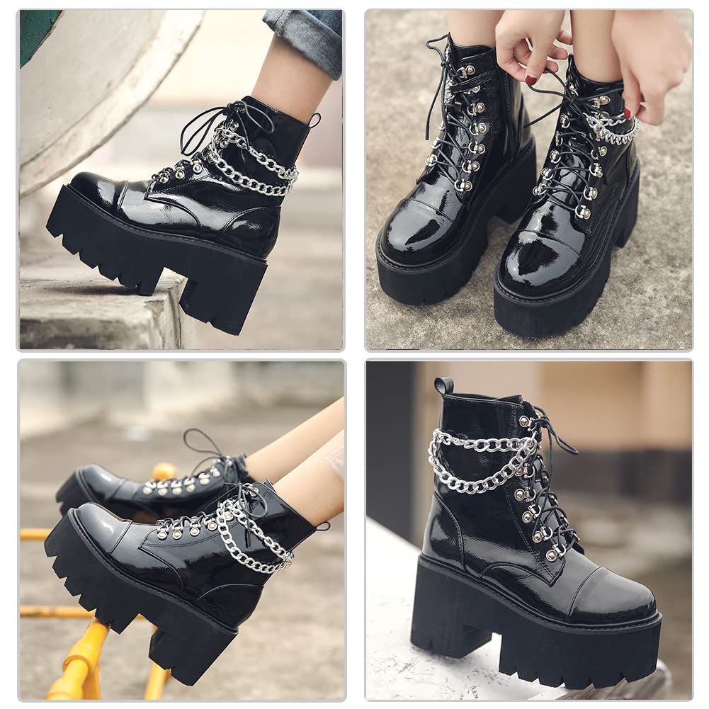 Erocalli Women's Fashion Block Heel Platform Combat Boots - Lace Up Studded Ankle Booties with Chain Detail for Motorcycle & Goth Style | Perfect for Night Out, Concert & Edgy Streetwear Looks