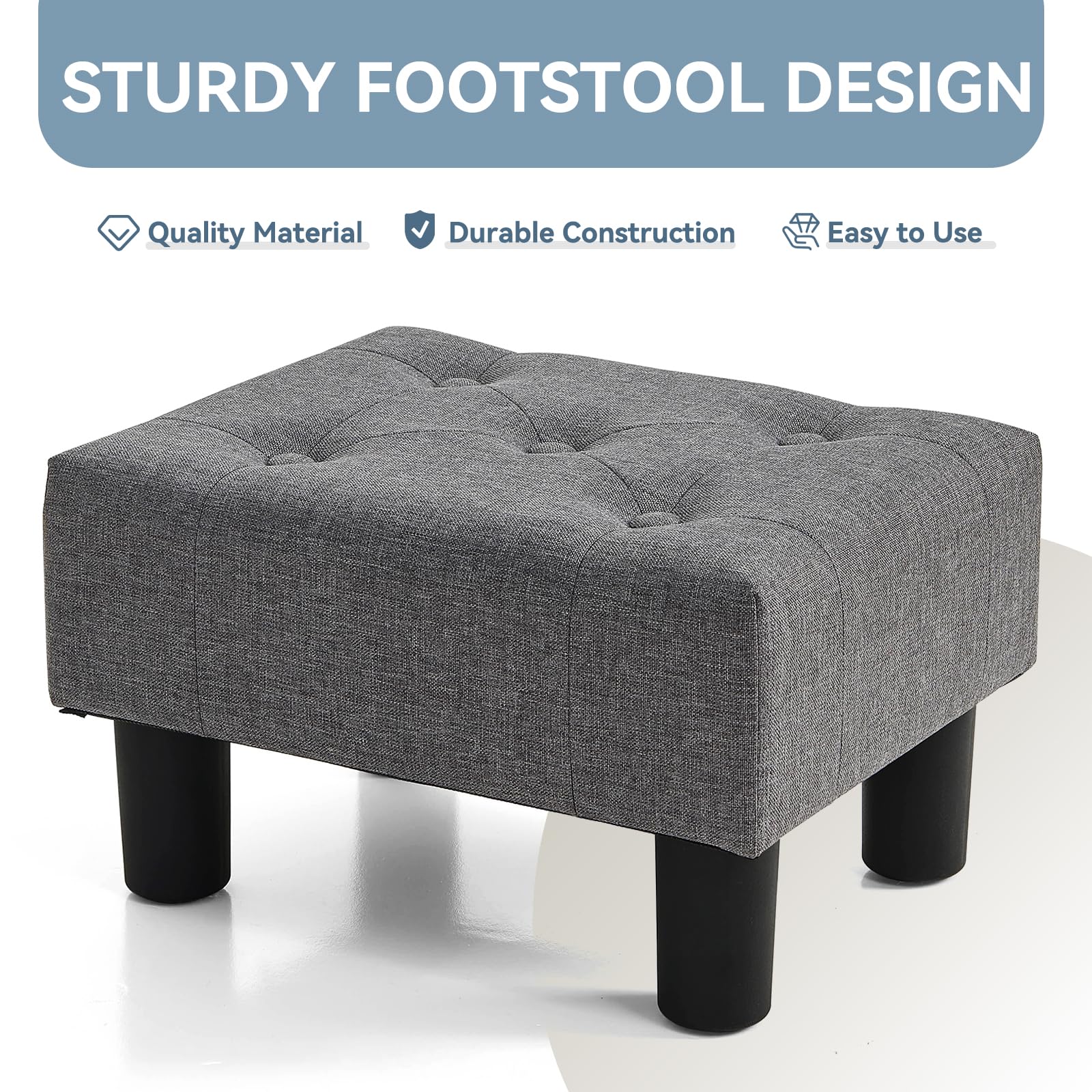 Poofzy Small Foot Stool Ottoman with Legs - Gray Linen Rectangle Foot Rest for Couch, Living Room & Entryway - Perfect for Relaxing, Reading & Home Decor