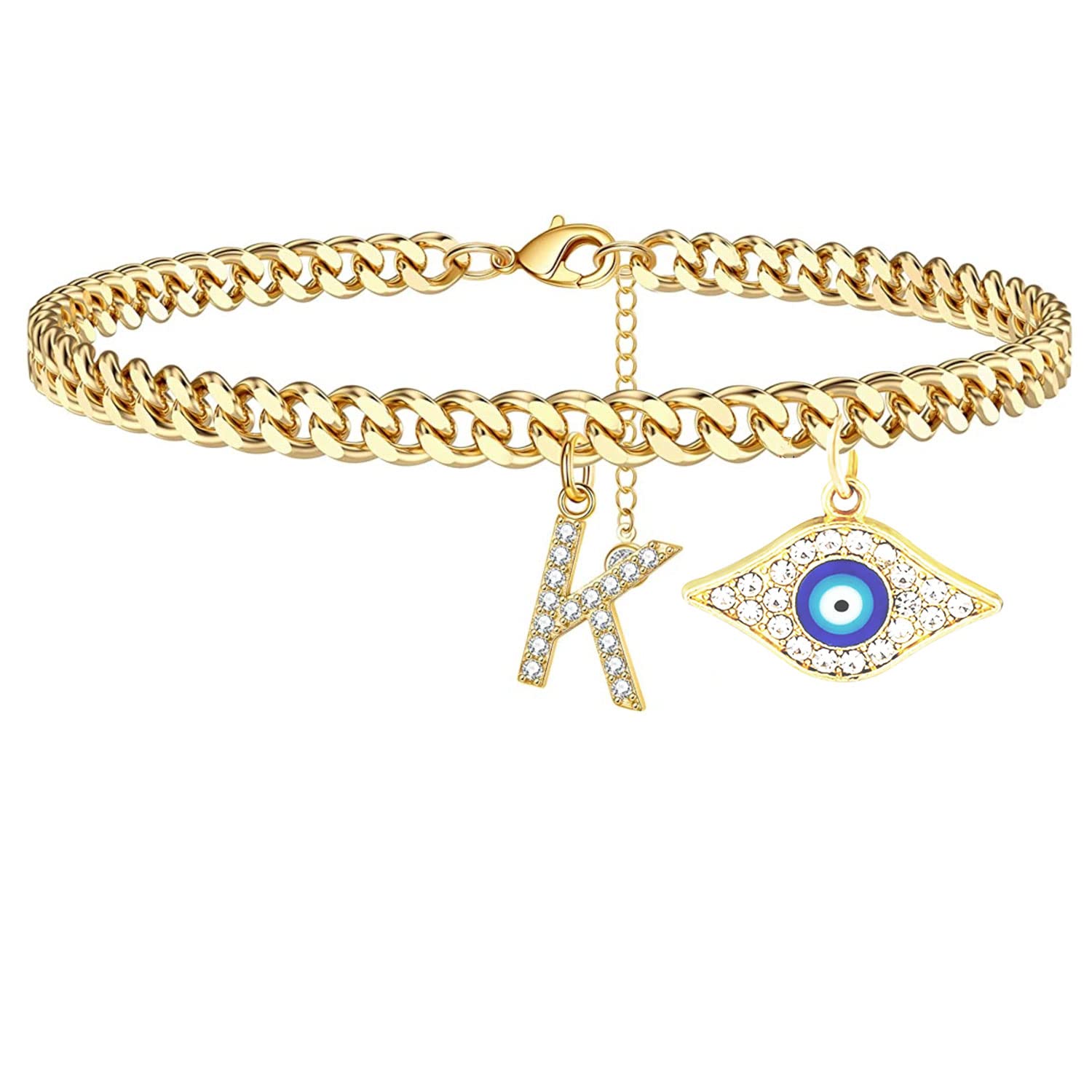 18K Gold Plated Dainty Cuban Link CZ Initial Anklet Bracelet for Women - Evil Eye Protection Jewelry, Summer Beach Ankle Chain, Personalized Name Letter Gift for Teen Girls & Women (Perfect for Vacation, Wedding, Party Accessories)