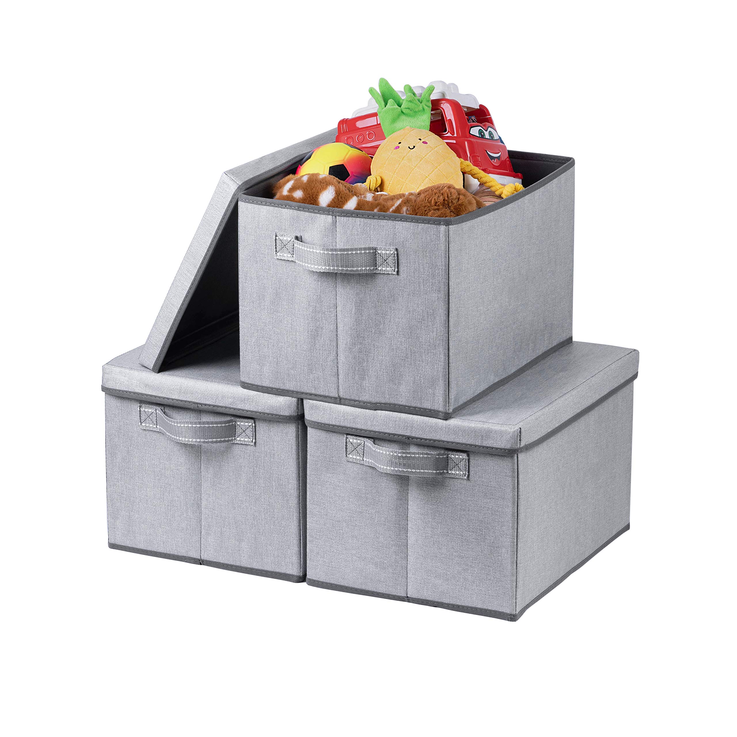 VENO Foldable Storage Bin with Lid - Sturdy Collapsible Storage Box for Home Organization, Closet, Nursery, Office | 3-Pack Jumbo Gray Baskets | Perfect for Bedroom, Playroom & Living Room Storage Solutions