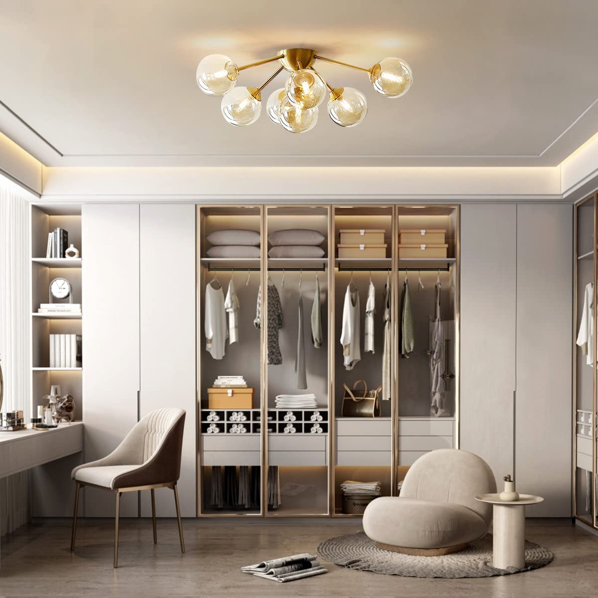 7-Lights Amber Glass Flush Mount Ceiling Light - Brushed Gold Globe Chandelier - Mid Century Modern Fixture for Living Room, Bedroom, Dining Room & Hallway - Warm Ambient Lighting for Home Decor