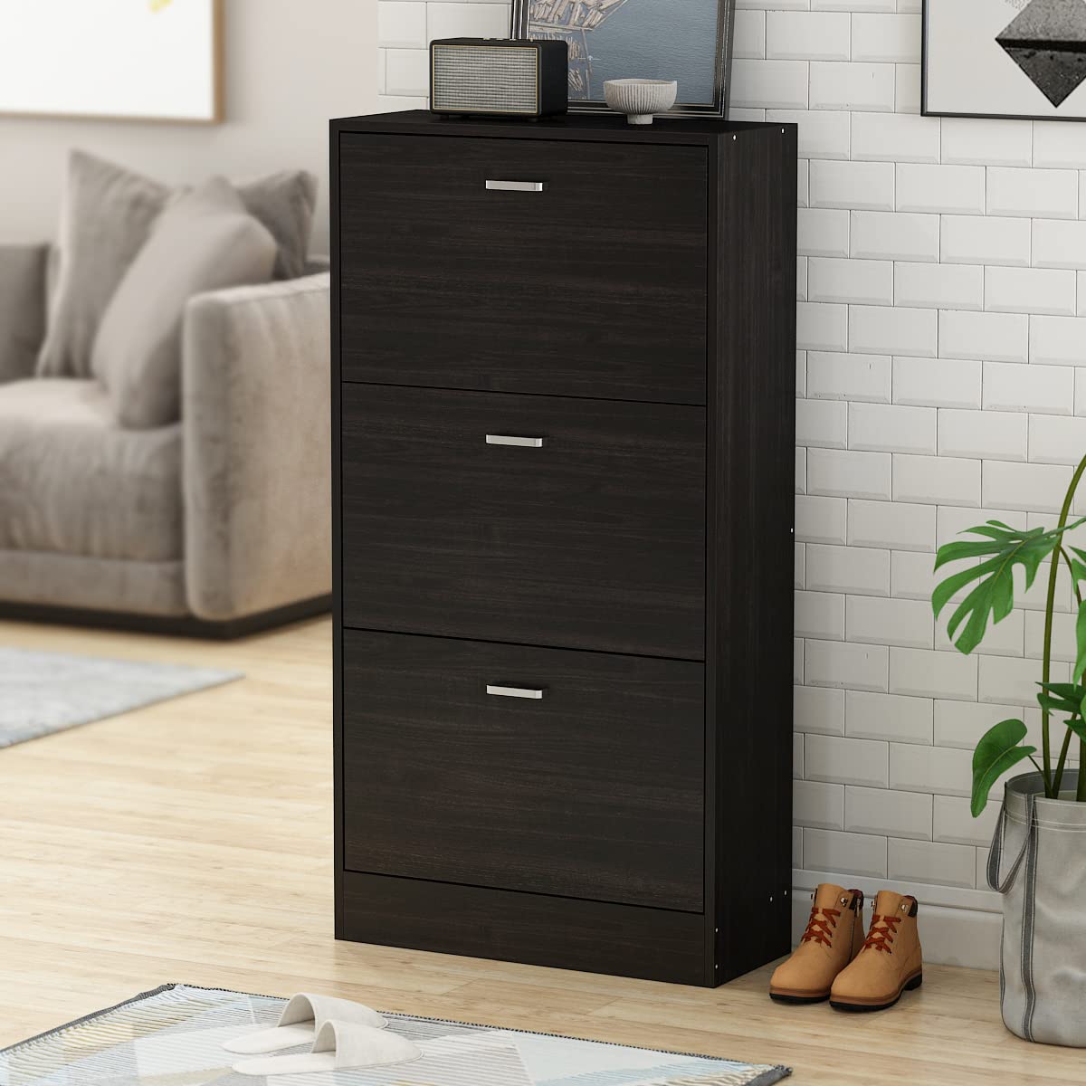 Hitow 3-Tier Flip Drawer Shoe Storage Cabinet - Freestanding Narrow Shoe Rack with Adjustable Shelf for Small Spaces - Entryway Shoe Organizer in Black Brown (23.6