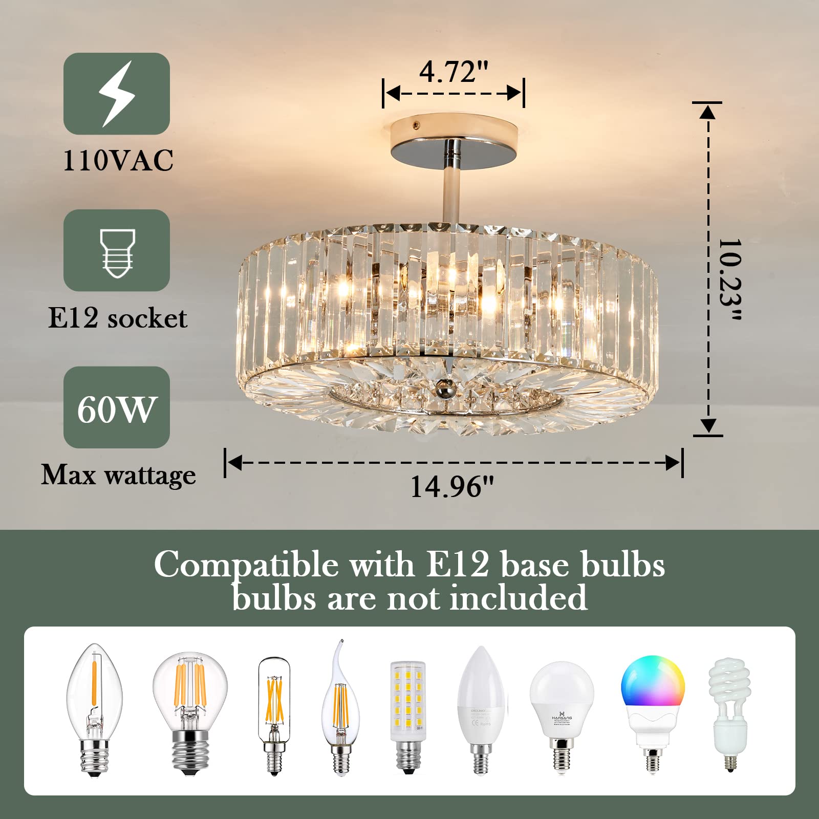 4-Light Modern Crystal Chandelier - Round Semi-Flush Mount Ceiling Light Fixture in Chrome Finish - Farmhouse Style Lighting for Dining Room, Living Room, Bedroom, Hallway, Entryway & Kitchen - Perfect for Home Decor, Wedding Venues and Restaurant Ambiance