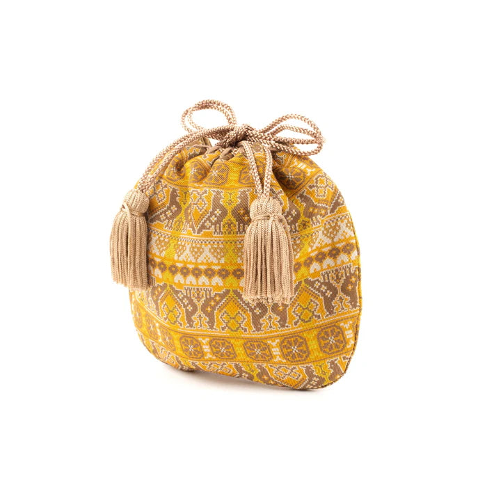 Nishijin Ori Small Drawstring Bag - Cock & Golden Brown - Handmade in Kyoto Japan - Traditional Japanese Craft Purse - Perfect for Coins, Jewelry & Gift Giving