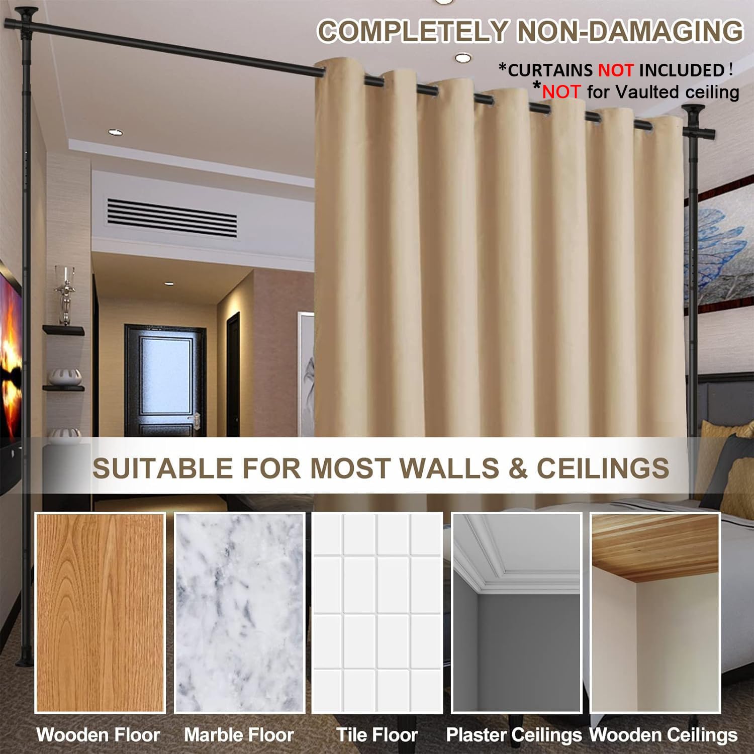 **No Drill Room Divider - Adjustable 4-10ft Height & 28-70in Width Heavy Duty Tension Curtain Rod for Space Partition | Floor to Ceiling Privacy Separator | Perfect for Studios, Dorms, Offices & Temporary Dividers (Black)**