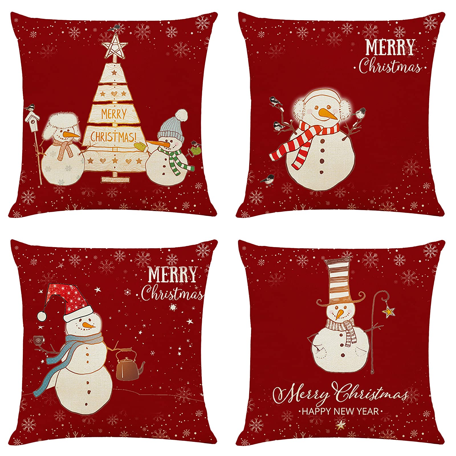 Christmas Snowman Pillow Covers - Flannel Decorative Throw Pillow Covers with Zipper, Square Holiday Cushion Cases for Sofa, Couch & Bed - Perfect for Winter Home Decor, Xmas Party & Cozy Living Room