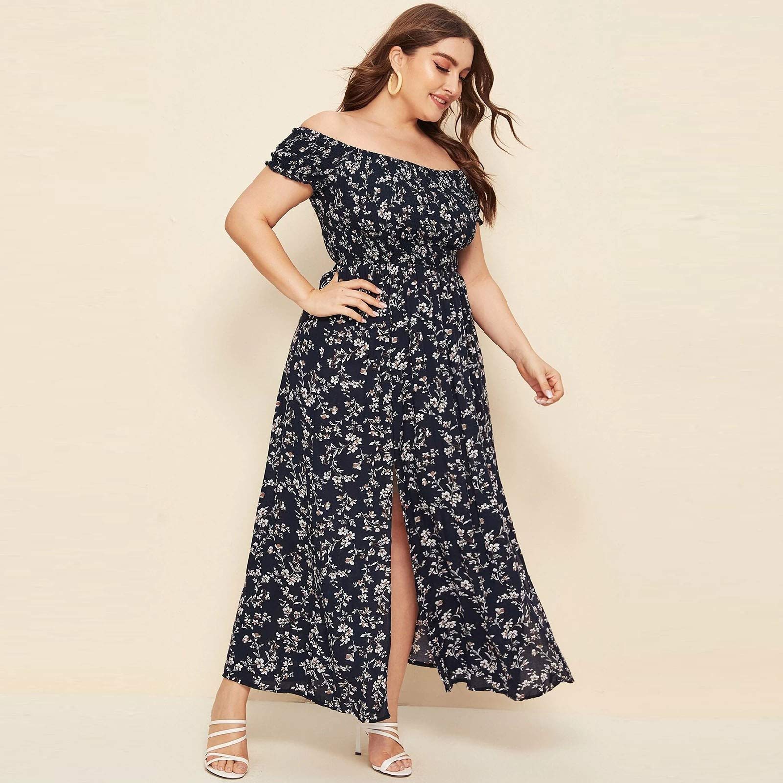 Plus Size Bohemian Floral Print Maxi Dress for Women - Sexy Off Shoulder Sundress with High Slit | Perfect for Beach Vacations, Summer Parties & Boho Chic Outfits