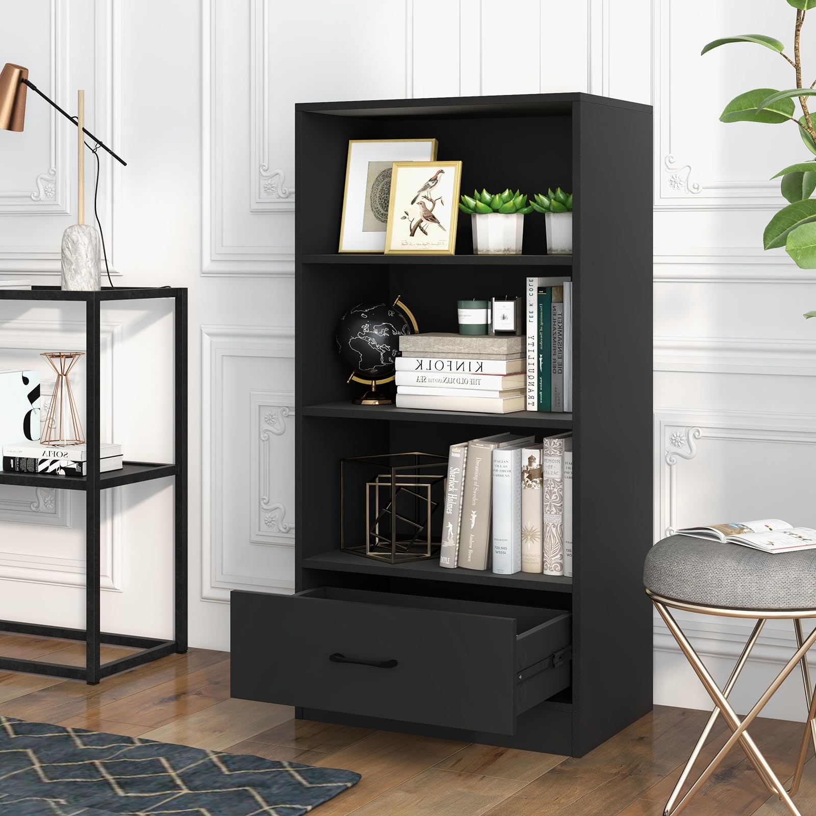 IFANNY 3-Tier Wooden Bookcase with Storage Drawer - Modern Cube Shelf Organizer for Books, Toys & Decor - Space-Saving Bookshelf for Small Spaces, Bedroom, Living Room & Home Office (Black) - Perfect for Nursery, Dorm & Apartment Organization