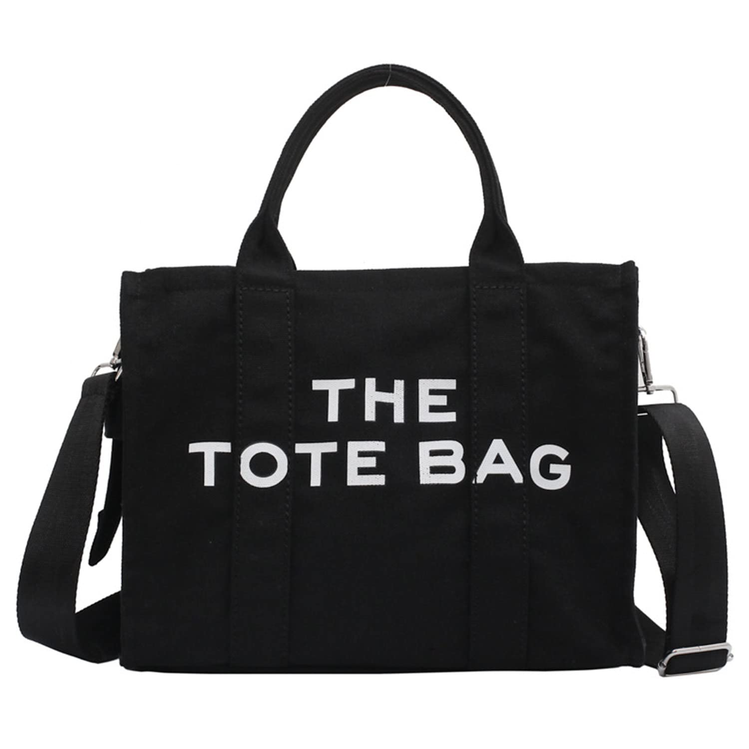 Stylish Canvas Tote Bag for Women - Large Capacity Zippered Travel Handbag with Letter Print, Crossbody Shoulder Bag (Black, One Size) - Perfect for Shopping, Beach Trips & Daily Commute