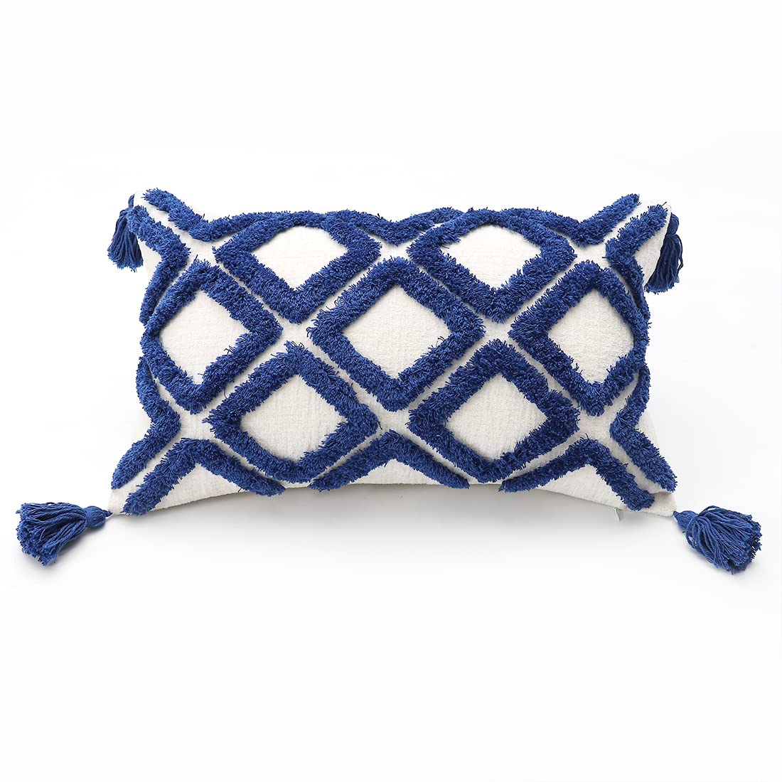 PLWORLD Boho Navy Lumbar Throw Pillow Cover 12x20 Inch with Tassels - Moroccan Tufted Cream Chenille Fabric Small Accent Textured Cushion Case for Bed, Couch, Sofa - Perfect for Bohemian Home Decor & Cozy Living Room Styling (1 PC Cover Only, No Insert)
