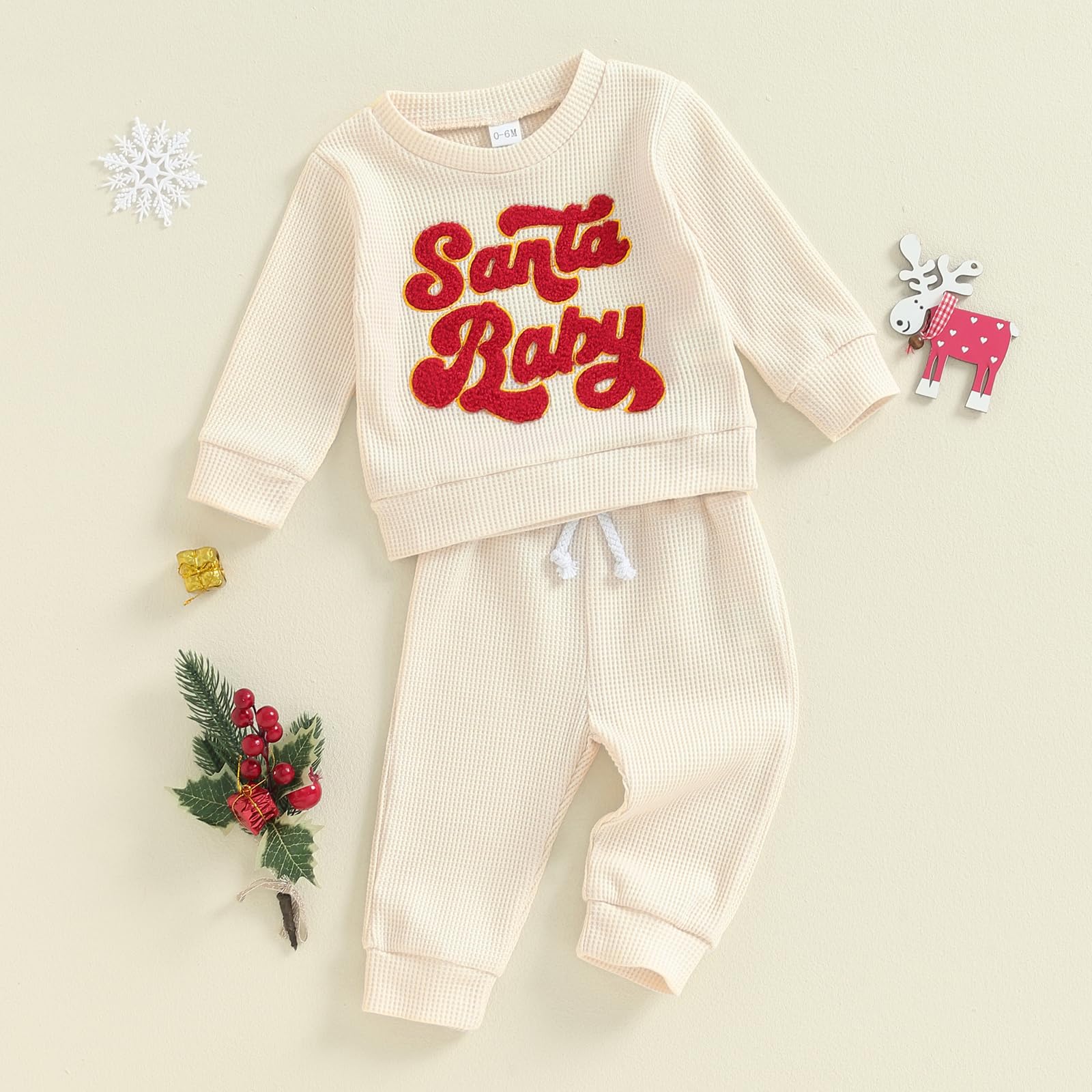 MBMSHEGH Baby Boy & Girl Christmas Waffle Outfit Set - Letter Embroidery Long Sleeve Sweatshirt with Elastic Waist Pants (2-Piece) | Holiday Family Photos & Winter Party Outfit