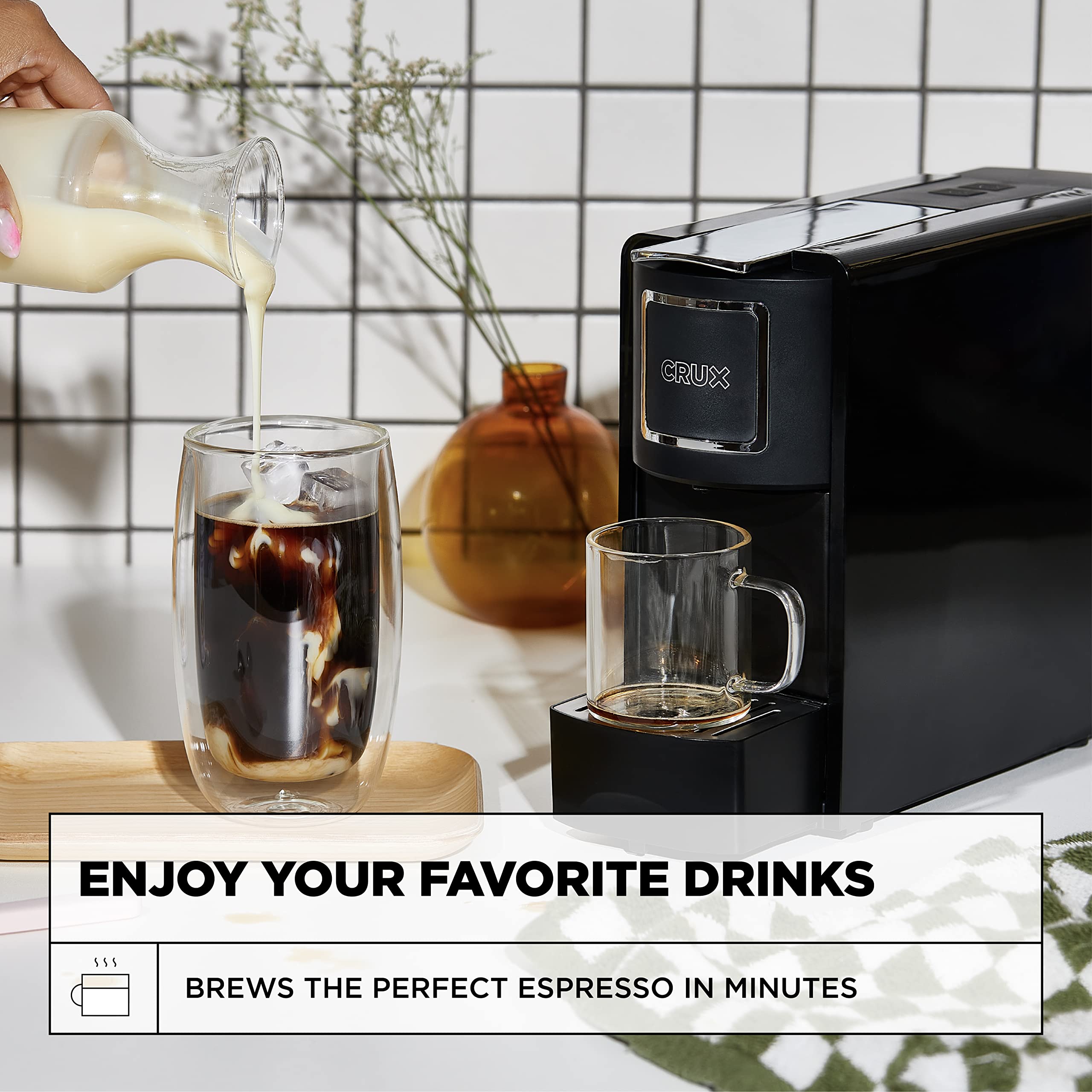 Premium Crux Espresso Machine for Nespresso Pods - Programmable Coffee Maker with Large Removable Water Tank & Drip Tray, Compatible with Original & Third-Party Capsules, Black & Silver - Perfect for Home, Office, and Coffee Shop Use