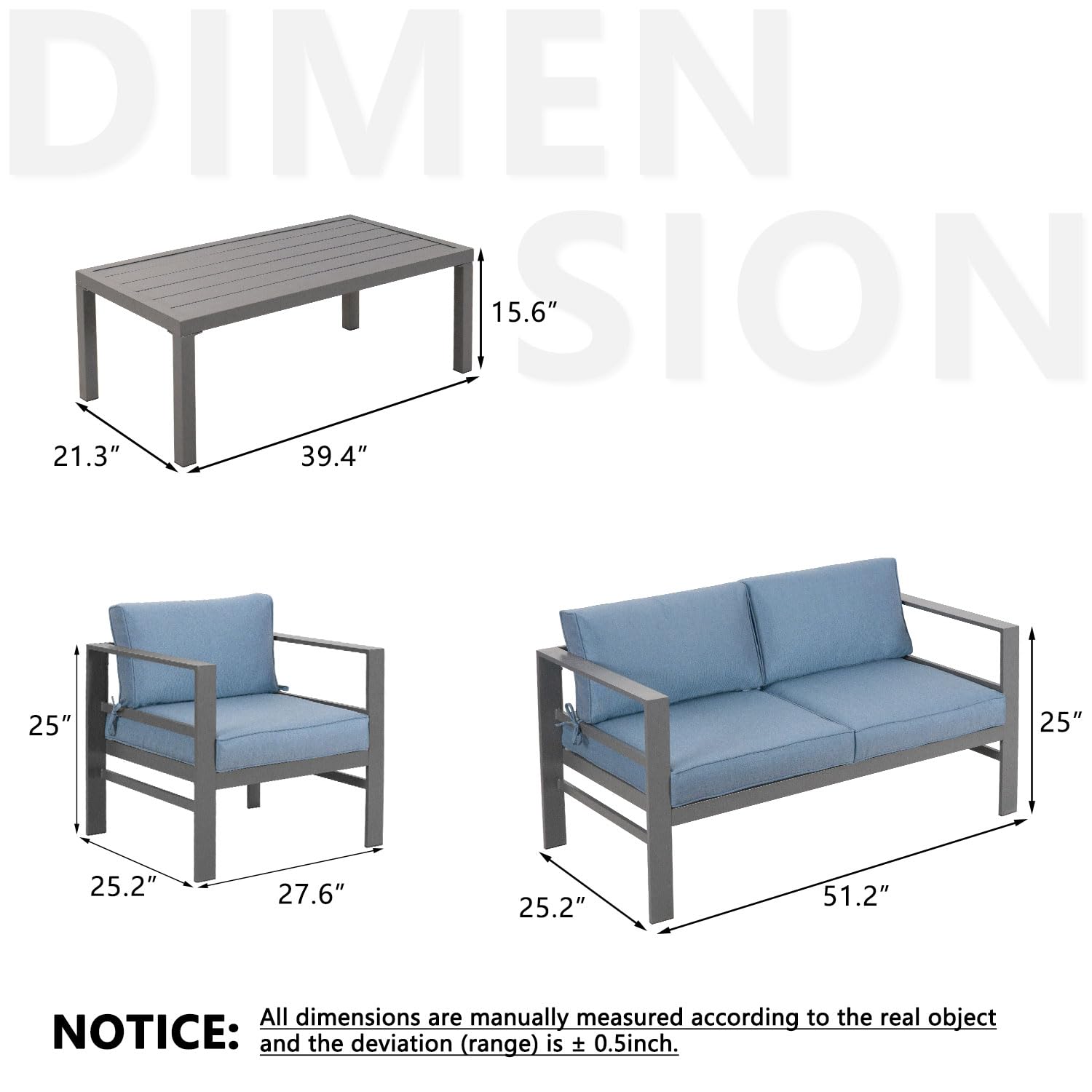 4-Piece Cast Aluminum Outdoor Patio Furniture Set - Modern Grey Metal Frame Sectional Sofa with Blue Cushions & Coffee Table - Perfect for Garden, Backyard, Poolside & Terrace Relaxation