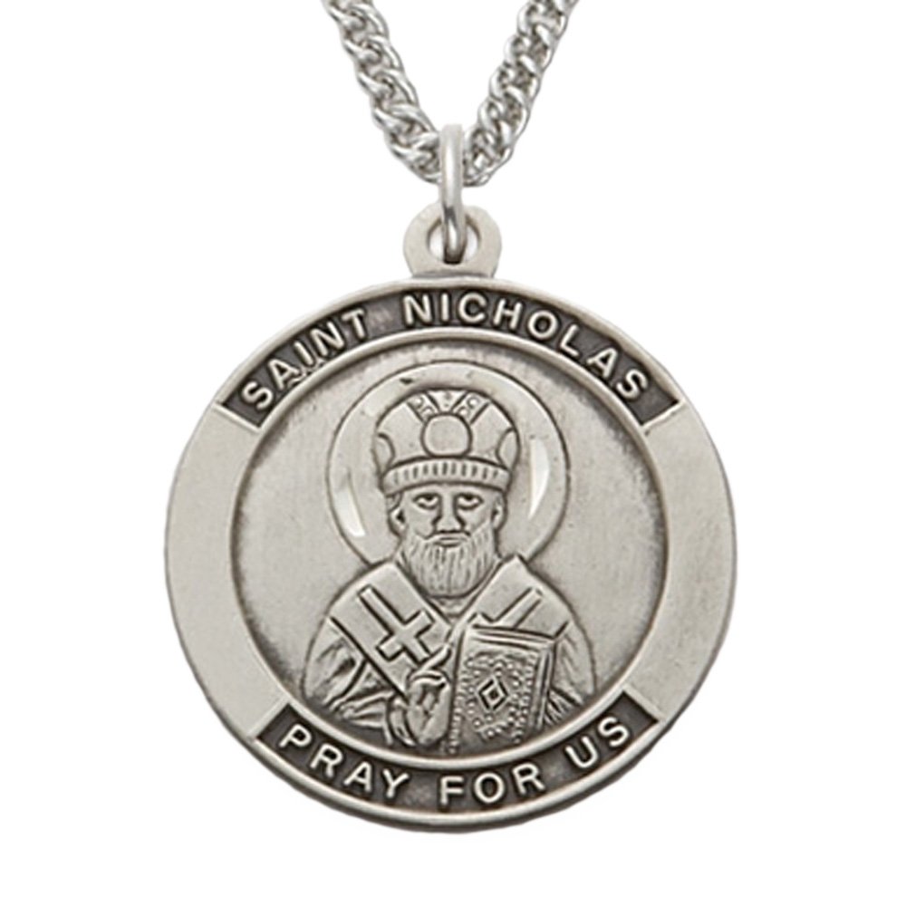 True Faith Jewelry Sterling Silver St. Nicholas Necklace - Patron Saint Medal Pendant (7/8 Inch) | Religious Jewelry for Women & Men | Perfect for Baptism, Confirmation & Spiritual Protection Gifts