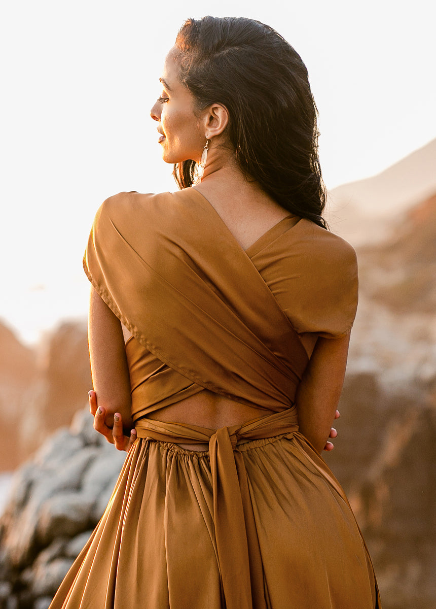 June Impact Dress in Dark Honey - Elegant Flowy Midi Dress for Women, Perfect for Summer Weddings, Parties & Date Nights