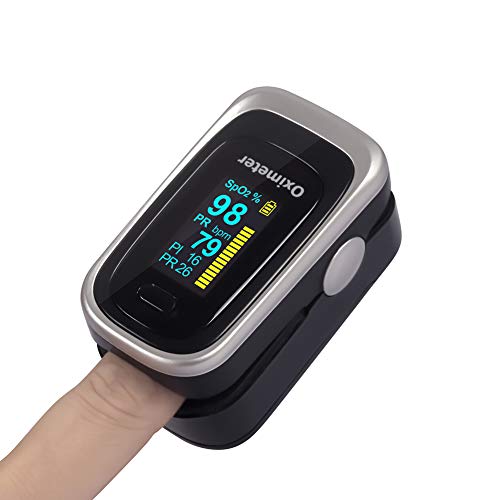 Finger Pulse Oximeter for Blood Oxygen Saturation Monitor - Portable SpO2 & Heart Rate Monitor with PI Sleep Tracking - Ideal for Athletes, Pilots, Sleep Apnea & COVID-19 Patients (Includes Batteries & Lanyard) - Silver & Black