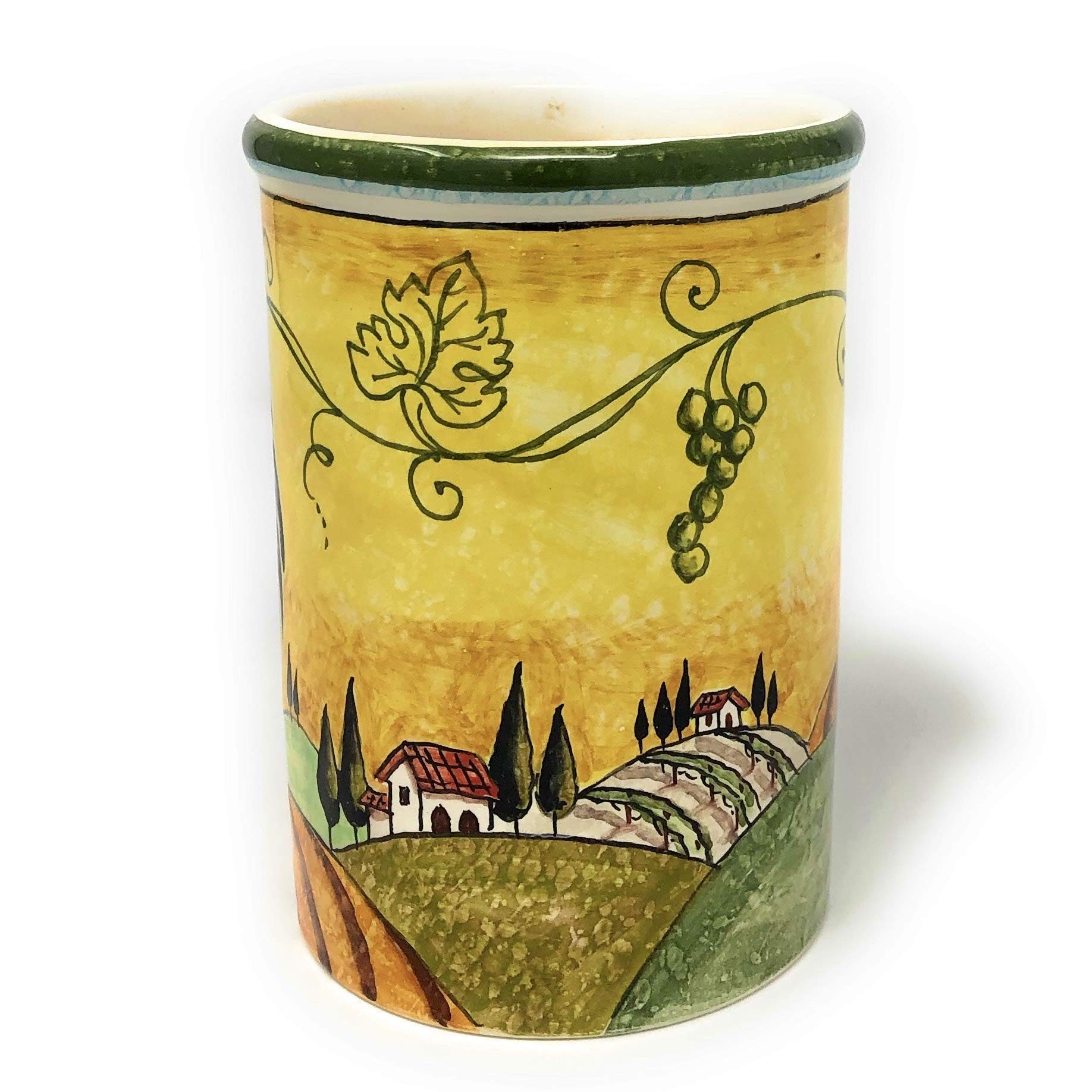 Italian Ceramic Utensil Holder - Hand Painted Tuscan Rooster Design Art Pottery Made in Italy | Kitchen Countertop Decor, Farmhouse Style Home Accessory