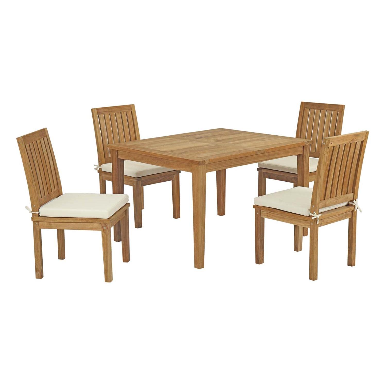 Modway EEI-3287-NAT-WHI-SET 5-Piece Premium Teak Wood Outdoor Dining Set - Grade A Teak Patio Furniture with Natural White Finish for Backyard, Poolside & Garden Entertaining