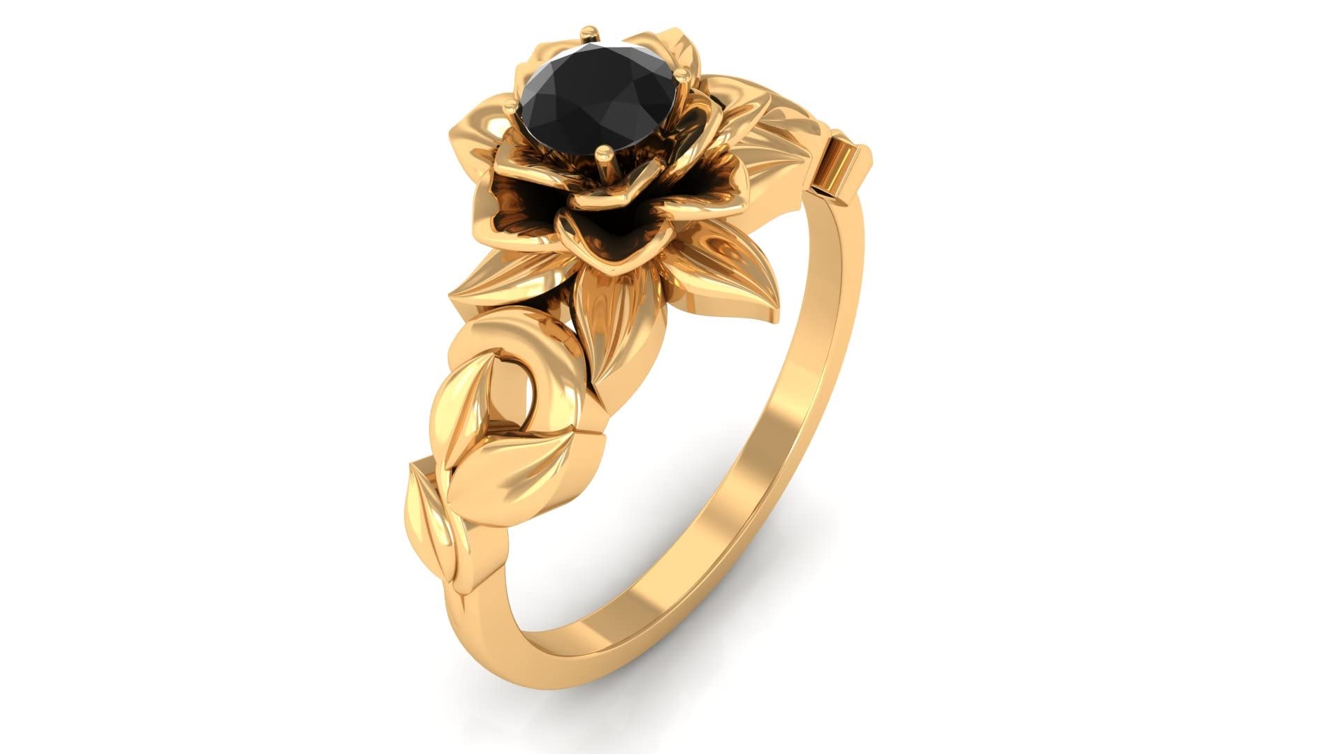 0.25 CT Black Diamond and 14K Solid Gold Floral Ring for Women - April Birthstone Solitaire Ring with 4MM Round Cut | Elegant Jewelry Gift for Anniversary, Birthday & Special Occasions