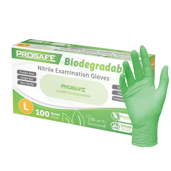 Premium Prosafe Green Nitrile Biodegradable Exam Gloves - Latex-Free, Powder-Free Disposable Gloves for Medical, Dental, Food Service & Cleaning - Eco-Friendly Protection for Healthcare Professionals & Home Use