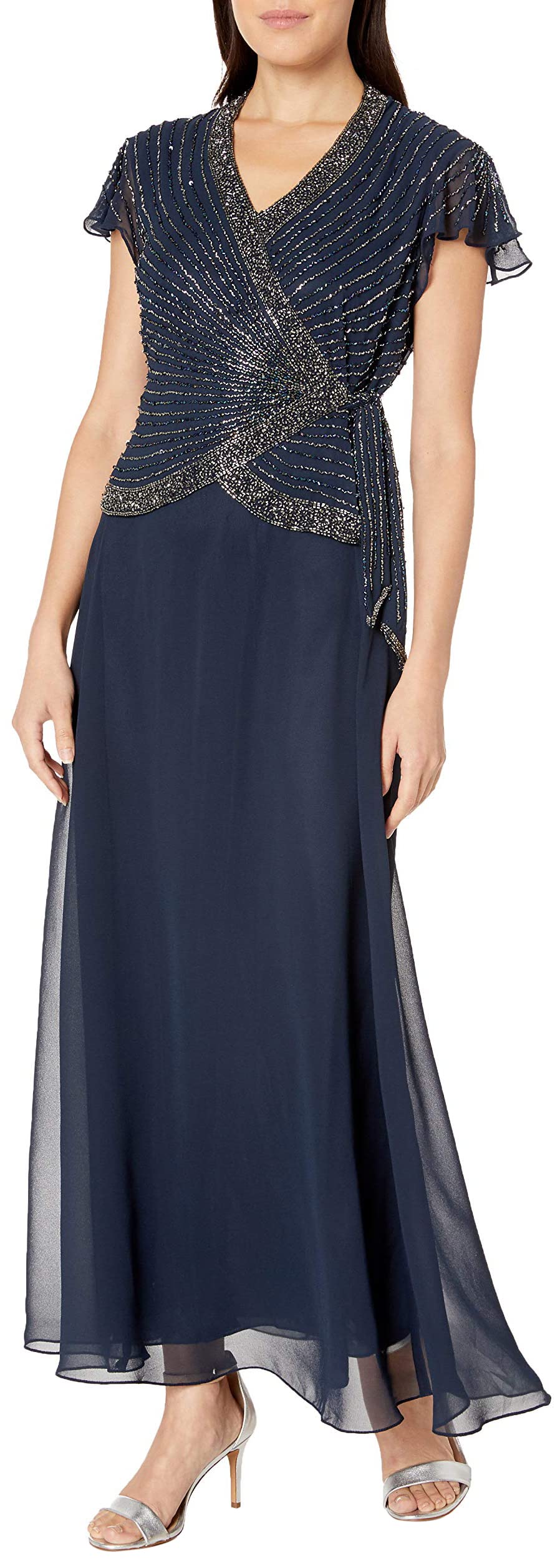 J Kara Women's Plus Size Beaded Flutter Sleeve Dress for Party, Wedding & Special Occasions - Elegant Boho Maxi Dress with Floral Embroidery