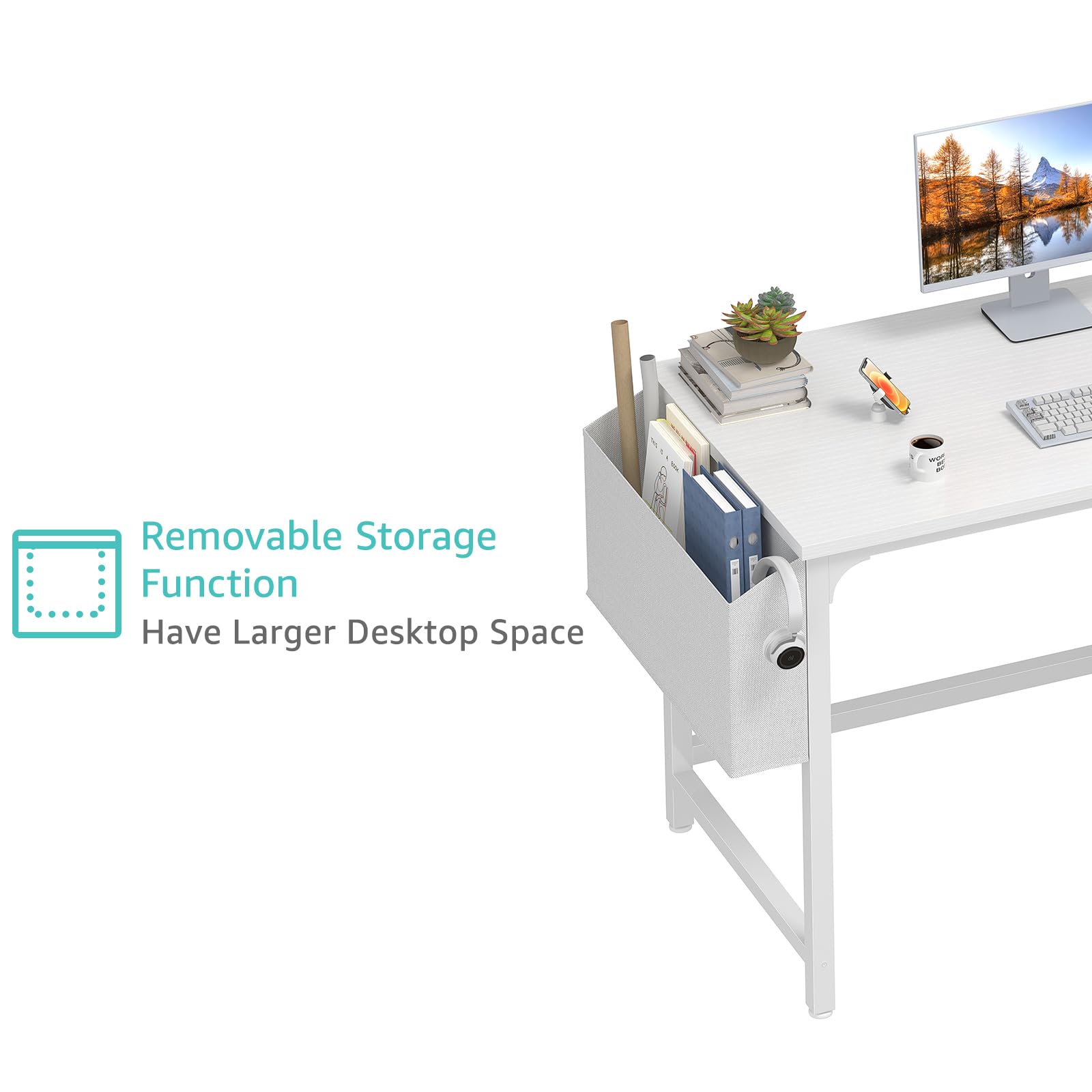 Lufeiya 47 Inch White Small Computer Desk with Fabric Drawers - Modern Simple Study Writing Table for Home Office, Small Spaces | Perfect for Work from Home, Online Classes & Gaming Setup
