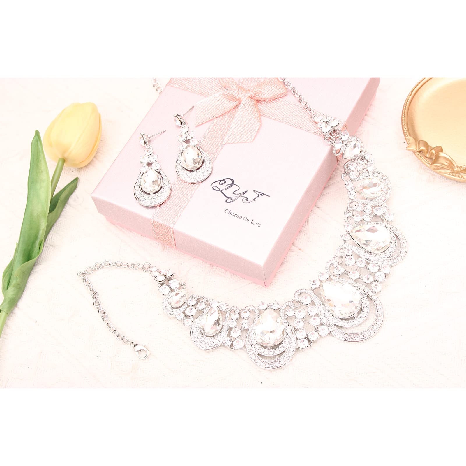 Elegant Rhinestone Crystal Teardrop Statement Necklace & Dangle Earrings Set for Women | Fashion Costume Jewelry Gift | Perfect for Parties, Weddings & Special Occasions