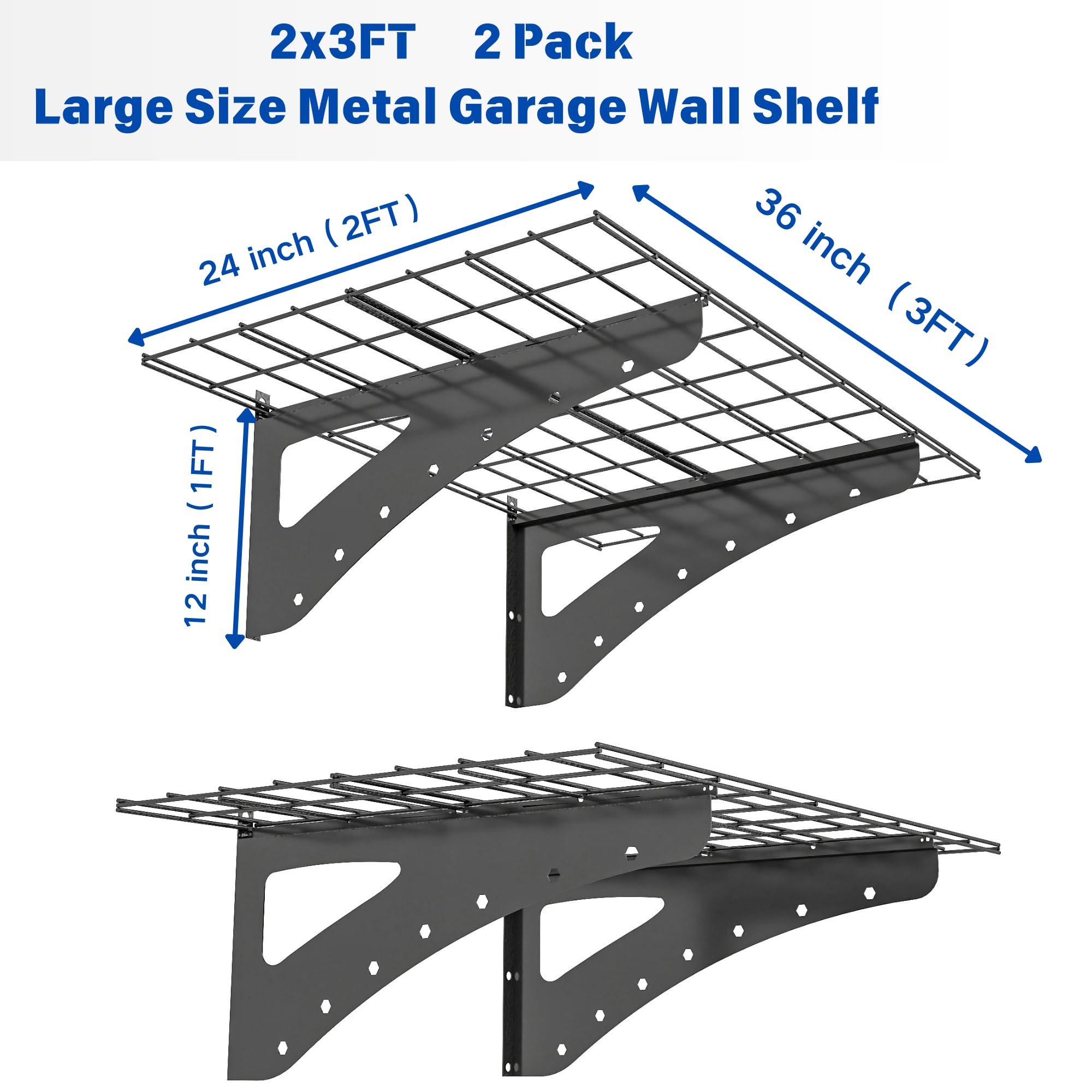 Heavy Duty Garage Wall Shelving 2-Pack - 3x2FT Industrial Metal Storage Shelves for Garage, Laundry Room, Basement & Workshop Organization - Black