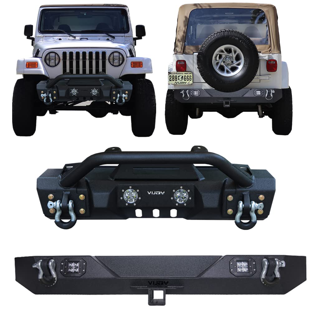 Vijay Front & Rear Bumper with Winch Plate & 6 LED Lights for 1997-2006 Jeep Wrangler TJ - Off-Road Protection & Adventure Ready
