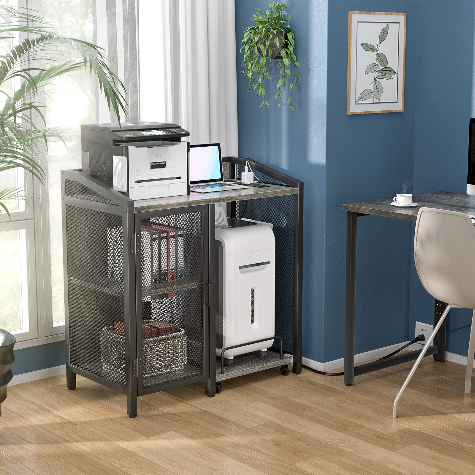 Modern Black Oak Office File Cabinet with Power Outlet & Door - Large Printer Stand, Paper Shredder Rack & Storage Cabinet for Home Office | Perfect for Document Organization & Workspace Efficiency