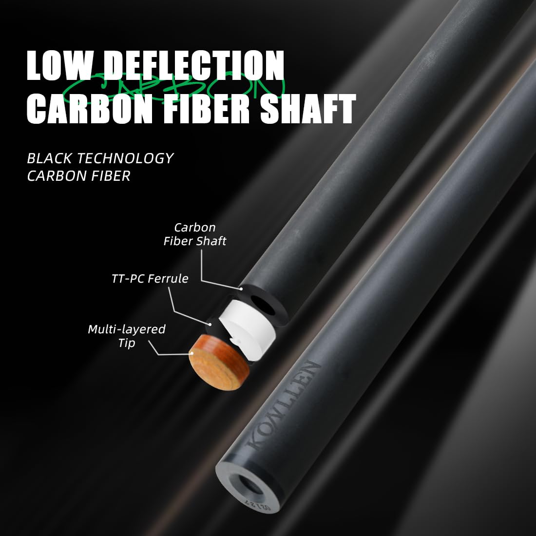 KONLLEN 58-inch Professional Carbon Fiber Pool Cue Stick - Low Deflection Billiard Cue with 12.5mm Tip for Adults | Full Carbon Technology, Pro Taper & Ultra-Smooth Finish | Perfect for Competitive Play & Home Game Rooms