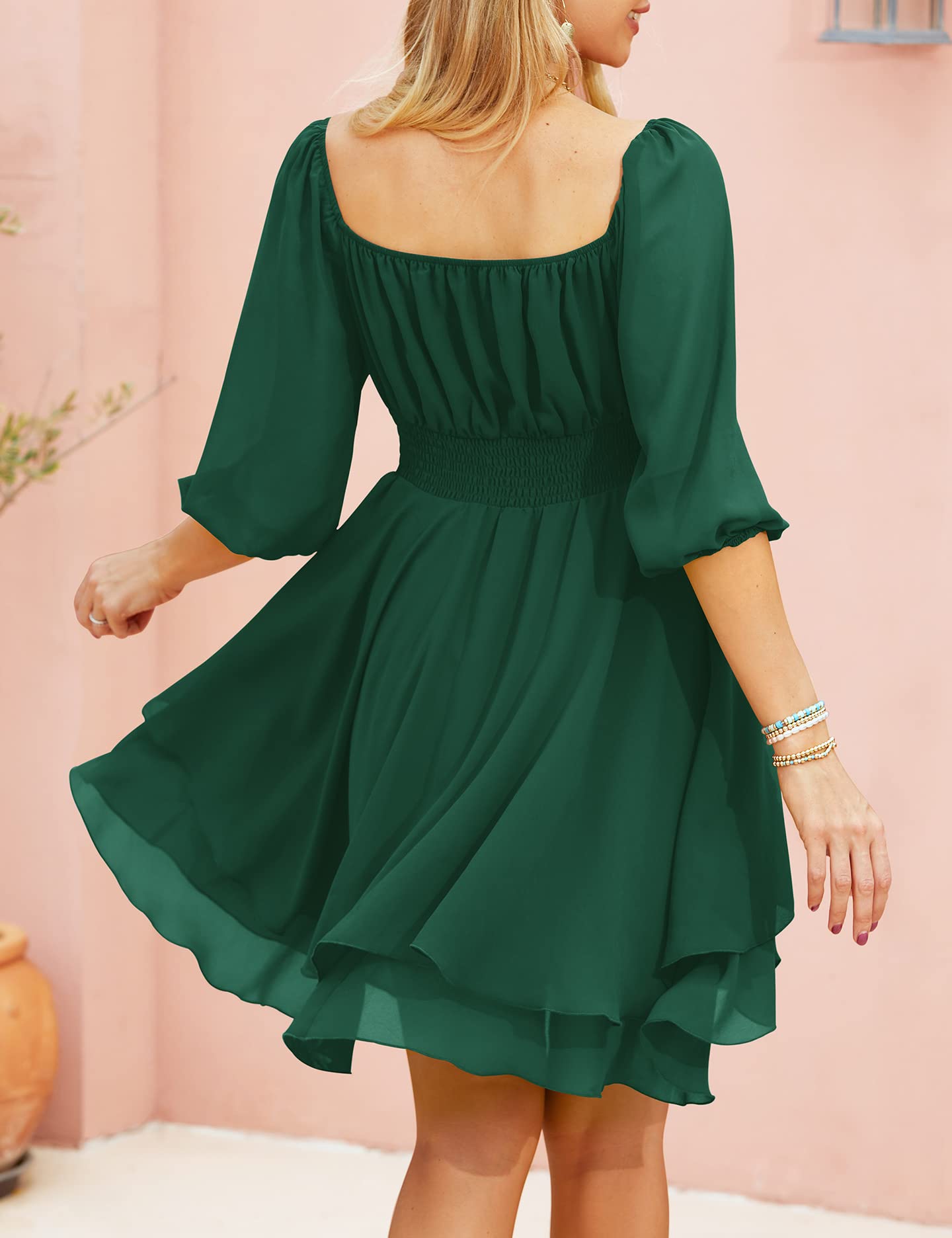 Beluring Women's Square Neck Puff Short Sleeve Chiffon Mini Dress with Elastic Waist - Perfect for Casual Wear, Summer Outfits, and Date Nights